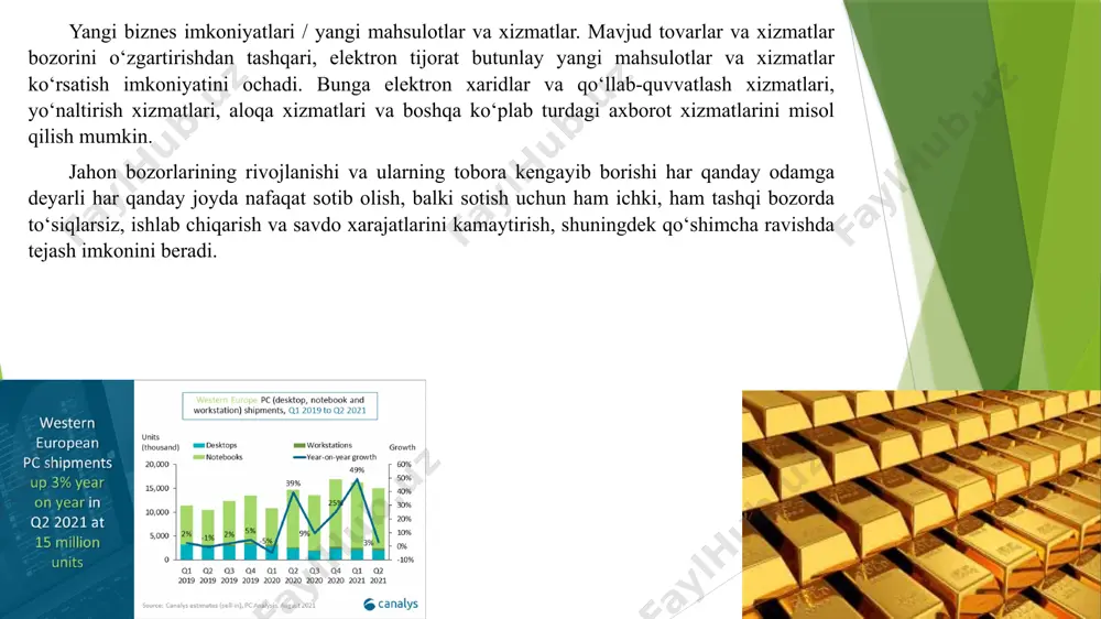 ya qilinganligi bilan aniqlanadi. internet-magazinning tayyor dasturiy ta’minotini sotib olish – ushbu xolda internet-magazin tashkil qiluvchi o‘zining shaxsiy va qimmat bo‘lgan infratuzilmasini yaratishi va uni sozlab turishi talab etilmaydi, bunda unga faqatgina internet-vitrina ya’ni web-sayt kerak bo‘ladi xolos. bunda tayyor . internet-banking, internet-savdo, internet-sug‘urta, internet-marketing internet-banking internet-banking mijozga elektron to‘lov tizimlari asosida internet orqali bank hisob varag‘ini boshqarish imkoniyatini beradi. to‘lov tizimlari davlat moliya tizimining barqarorligi uchun asos bo‘lib, iqtisodiyotdagi tranzaktsion xarajatlarni kamaytiradi, moliyaviy va boshqa turdagi resurslardan foydalanish samaradorligini oshiradi, moliya bozori likvidligini oshiradi va xatti- harakatga hissa qo‘shadi. turli mamlakatlardagi to‘lov tizimlarini rivojlantirishning xalqaro tajribasi ko‘rsatib turibdiki, to‘lov tizimlarining rivojlanishi birinchi navbatda to‘lov vositalari va xizmatlari ro‘yxatini kengaytirish, operatsion xarajatlarni kamaytirish orqali ularning rentabelligini oshirish bilan bog‘liq. onlayn to‘lovlardan keng foydalanish to‘lovlarni amalga oshirish bilan bog‘liq bank xizmatlari narxini pasaytirishga yordam axborot texnologiyalari davrida har qanday moliyaviy operatsiyani bajarish uchun endi bank filialiga borib, u yerda uzoq navbatda …