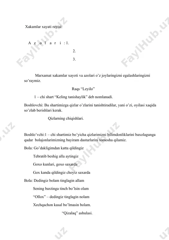 ’zini bo’g’inlarga ajiratin. 3. o’zbekistoni valyutasi nima? 4. “baxor shoshib qolibdi” sherini birinchi to’rligini aytib bering. 5. chiq – chiq boradi, chiq – chiq keladi ikkisi bir tomon quvlashib yuradi. (soat) 5. 1. “o” xarifi bilan boshlanadigon suzlarni ayting. 2. biznesmenlar deb qanday kishilarni qytadilar? 3. o’quv qurolarini sanang? 4. sim yog’ochda 4ta chumchig’ uchib kelib qo’nishdi yana qo’shildi bita qammasi bo’lib nechta? 5. toni siliq tuki yo’q ichi qizil po’ki yo’q. (tarvuz) boslo’vchi: xakamlarimiz 2 shart bo’yicha qizlarimizni bilimdonliklarini baxolagunga qadar bolajonlarimiz o’z dasturlarini davom etiradilar. raqs “do’pi tiktim” boshlo’vchi: 2 chi shart bo’yicha qizlarimizni olgan baxolari. boshlo’vchi: xozir mensizlarni 3 chi shart bilan tanishtiraman. 3 chi shart men kichik pazandaman bu shartimizda shartimizda qizlarimiz onajonlariga uy yumushlarida qanday ko’mak berishlarini bilib olamiz. qizlarimiz oldidagi masaliqlardan salatlar tayorlab berishlari kerak. marxamat ishga kirishshingiz mumkin vaqt keti. endi qizlarimiz shartlari bo’lgunga qadar bayiram dasturimizni davom ettiramiz. bolajonlar xamamizni buvijonlarimiz bormi? …