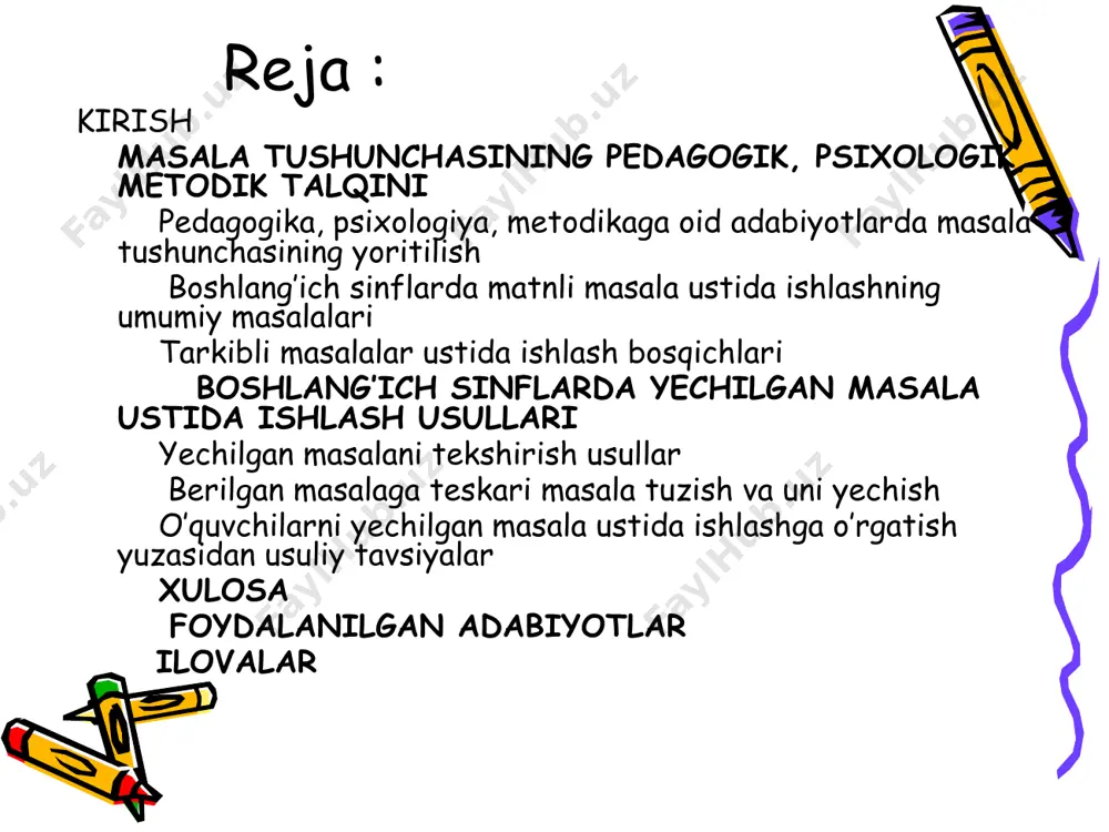” deb ta’lim tizimining ustuvorligini ko’rsatib berdilar. muammoning o’rganilganlik darajasi. o’quv topshiriqlarining bir ko’rinishi masala – o’quvchi o’quv-biluv faoliyatini faollashtiruvchi bir vositadir. psixologiya tadqiqotlarida o’quvchi o’quv-biluv faoliyatini faollashtirish muammosi juda ko’plab olimlarning ishlarida o’z ifodasini topgan. masalani tekshirishning usullari metodik adabiyotlarga keltrilgan, ammo boshlang’ich sinf o’quvchilari o’quv-biluv faoliyatini faollashtirishga yo’nalgan yechilgan masala ustida ishlash usullari atroflicha o’rganilmagan. tadqiqot ishini bajarishdan maqsad: boshlangich sinf o’quvchilarini yechilgan masala ustida ishlashga o’rgatish orqali ularning o’quv faoliyatini faollashtirish va bu borada usuliy tavsiyalar tayyorlash. tadqiqot ishini amalga oshirish uchun quyidagi vazifalar belgilandi matnli masala tushunchasining pedagogik, psixologik, metodik talqinini yoritish tarkibli masalalar ustida ishlash bosqichlarini umumiy jihatdan asoslash boshlang’ich sinflarda yechilgan masala ustida ishlash usullarini asoslash tadqiqot mavzusi yuzasidan usuliy tavsiyalar tayyorlash va tajribada sinash tadqiqot obyekti: boshlang’ich sinflarda matematika ta’limi jarayoni. tadqiqot predmeti: boshlang’ich sinflarda matematika darslarida masala, uning ustida ishlash usul, vositalari. bitiruv-malakaviy ishni yozishda quyidagi faraz ilgari surildi: agar o’quvchi matnli …