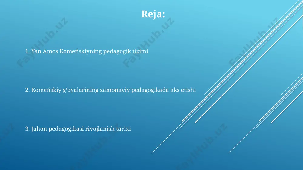 соҳасидаги реформаларга кучли таъсир кўрсатган. jahon pedagogikasi rivojlanish tarixiga kirish jahon pedagogikasi qadimgi yunoniston va rim imperiyalaridan boshlanib, 16-asrda gumanizm davri bilan yangi bosqichga ko'tarildi, bu davrda jan amos komekiy singari yirik mutafakkirlar paydo bo'ldi. 17-asrda, chexiya pedagogi jan amos komekiy "didaktika magna" asari bilan jahon pedagogikasi rivojiga ulkan hissa qo'shdi va butun dunyo bo'ylab ta'lim tizimlariga ta'sir ko'rsatdi. o'rta asrlarda, taxminan 11-13 asrlarda, yevropada universitetlarning rivojlanishi pedagogik fikrlarning shakllanishiga va tarqalishiga katta ta'sir ko'rsatdi, yangi o'quv dasturlari va uslublari paydo bo'ldi. zamonaviy pedagogikada komeńskiyning merosi uning "hamma hamma narsani o'rganishi kerak" degan g'oyasi 21-asrda inklyuziv ta'limning rivojlanishiga, 100 dan ortiq mamlakatlarda maxsus ehtiyojli bolalar uchun ta'lim imkoniyatlarini kengaytirishga turtki bo'ldi. komenskiyning sensomotor o'rganishga urg'u berishi, ya'ni bolaning 5 ta hissiyot orqali bilim olish tamoyili, hozirgi kunda dunyoning ko'plab mamlakatlarida, jumladan o'zbekistonda ham, bolalar bog'chalarida faol qo'llanilmoqda. komenskiyning "didaktika magna"si 1638 yilda nashr etilgan bo'lib, zamonaviy ta'lim tizimlarida 300 yildan …