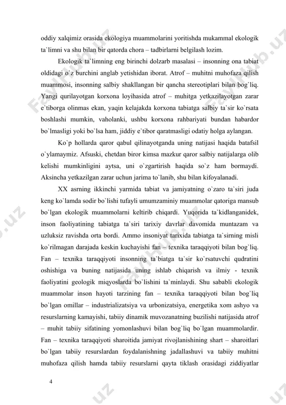 udratini oshishiga va buning natijasida uning ishlab chiqarish va ilmiy - texnik faoliyatini geologik miqyoslarda bo`lishini ta`minlaydi. shu sababli ekologik muammolar inson hayoti tarzining fan – texnika taraqqiyoti bilan bog`liq bo`lgan omillar – industrializatsiya va urbonizatsiya, energetika xom ashyo va resurslarning kamayishi, tabiiy dinamik muvozanatning buzilishi natijasida atrof – muhit tabiiy sifatining yomonlashuvi bilan bog`liq bo`lgan muammolardir. fan – texnika taraqqiyoti sharoitida jamiyat rivojlanishining shart – sharoitlari bo`lgan tabiiy resurslardan foydalanishning jadallashuvi va tabiiy muhitni muhofaza qilish hamda tabiiy resurslarni qayta tiklash orasidagi ziddiyatlar ekologik muammolarning negizini tashkil etadi. ekologik muammolar milliy va mintaqaviy doiradan chiqib, butun insoniyatning umumiy muammosiga aylandi. xullas, o`zbekistonda ekologik muammolar va ularni keltirib chiqarish sabablari puxta o`ylanib, ekologik muammoni bosh omili va uning bartaraf etish chora – tadbirlari “tabiatni muhofaza qilish qo`mitasi” tomonidan o`rganib chiqildi. mamlakatimiz aholisini birinchi navbatda toza ichimlik suvi bilan ta`minlashga hamda atmosfera havosini tozalashga jiddiy e`tibor qaratish kerakligi kun tartibiga eng …
