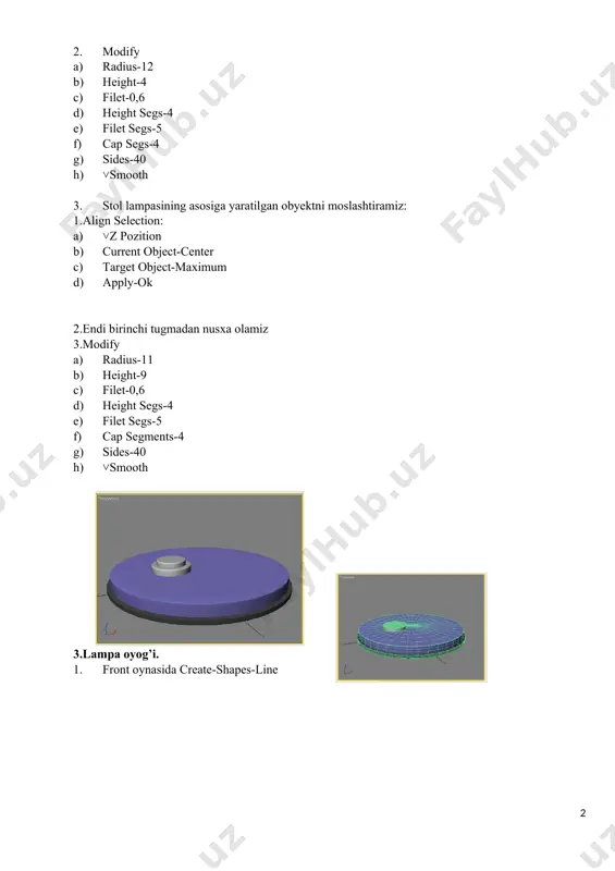y-line-vertex 3. bir yoki bir nechta cho’qqilarni belgilab(ctrl ni bosib turib) qayrilish xarakterini o’zgartiramiz, buning uchun sichqonchaning o’ng tugmasini bosib, bezier dan foydalanamiz. 4. va u quyidagi ko’rinishga keladi: 5. vertex dan chiqamiz, line obyektining sozlanmalari qismida renderingda a) ˅renderable b) ˅display render mesh c) thickness-12 d) sides-13 6. lampa oyog’inining holatini optimal joylashtiramiz: 7. champher cylinder dan nusxa olamiz va modify bo’limiga o’tamiz: a) radius-9 b) height-15 c) filet-3 d) height segs-4 e) filet segs-5 f) cap segs-1 g) sides-40 h) ˅smooth 4.lampa plafoni 1. uni yasash uchun top oynasida line yordamida rasmda ko’rsatilganidek chizib olamiz: 2. uning xarakteridan kelib chiqib modify sozlanmasiga o’tamiz: a) modifer list b) lathe c) parameters d) direction-y 3. agar model biz xohlagandek bo’lmasa align oynasida maximum ni belgilaymiz va yuqori qism tipini belgilash uchun modifikator sozlanmasida output(резултать) yordamida 3 tipning birini tanlash mumkin; a) patch (полигональная поверхность) b) mesh (поверхность) c) nurbs(nurbs- поверхность) …