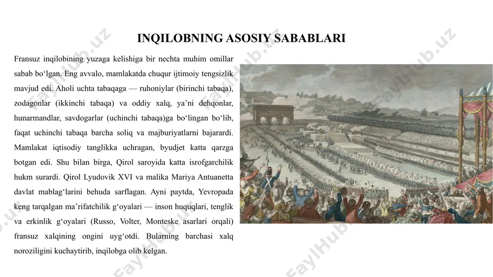 cheklab, uni parlamentga bo‘ysundirgan konstitutsion monarxiya tizimini joriy etdi. qirol endi yagona hokim bo‘lmay, qonun chiqaruvchi majlis bilan birga ishlashga majbur edi. bu o‘zgarishlar fransiyada ilk siyosiy o‘zgarishlarning boshi bo‘lib xizmat qildi. respublika e’lon qilinishi inqilob kuchaygani sari qirol lyudovik xvi va uning oilasi o‘z hayotlaridan xavotir ola boshladilar. 1791-yilda ular yashirincha mamlakatdan qochishga harakat qildilar, biroq varennes shaharchasida qo‘lga olinib, parijga qaytarildilar. bu voqea xalq orasida qirolga bo‘lgan ishonchni butunlay yo‘qqa chiqardi. natijada 1792-yil 21-sentabrda fransiyada monarxiya rasman bekor qilinib, respublika e’lon qilindi. bu tarixiy burilish mamlakatda yangi siyosiy tuzumning boshlanishi edi. qirol lyudovik xvi davlatga xiyonatda ayblanib sudga tortildi va 1793-yil 21-yanvarda gil’yotin qilindi. oradan ko‘p o‘tmay, uning rafiqasi mariya antuanetta ham xuddi shu taqdirga uchradi. monarxiyaning tugatilishi fransiyani yevropadagi boshqa qirolliklardan farqlovchi yangi respublikachilik davriga olib kirdi. jakobinlar va terror davri fransiyada respublika e’lon qilingach, siyosiy kurashlar yanada keskin tus oldi. bu davrda hokimiyat tepasiga maksimilian robespierre …