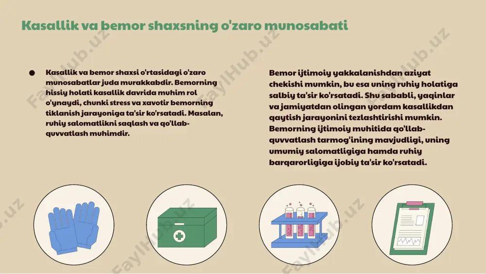 davolanish jarayonida o'zini qulay his qilishiga yordam beradi. bemor shaxsining kasallikka moslashuvi moslashish strategiyalari bemor shaxsining kasallikka moslashish strategiyalari turlicha bo'lishi mumkin. ular o'z ichiga stressni kamaytirish, ijtimoiy qo'llab-quvvatlashni izlash va kasallik bilan bog'liq ma'lumotlarni o'rganishni oladi. ijtimoiy ta'siri shaxs patologiyasi, bemorning ijtimoiy hayotiga sezilarli ta'sir ko'rsatishi mumkin. bu, ijtimoiy aloqalarning pasayishi, izolyatsiya va o'z-o'zini baholashning o'zgarishi kabi holatlarni o'z ichiga oladi. kasallik bilan yashash kasallik bilan yashash jarayonida bemorlar turli misollarga duch keladilar. masalan, onkologik bemorlar ko'pincha o'z holatlari bilan bog'liq murakkabliklarni yengib o'tish uchun yangi hayot tarzlarini qabul qiladilar. qo'shimcha moslashish usullari bemorlar o'z holatiga moslashish jarayonida turli xil qo'shimcha usullarni qo'llashlari mumkin. masalan, meditasiya va jismoniy faoliyatni o'z ichiga olgan integrativ yondashuvlar bemorlar uchun foydali bo'lishi mumkin. xulosa - bemor shaxsining kasallikdan ta'siri: bemorning ruhiy va jismoniy holati kasallikning rivojlanishiga ta'sir ko'rsatadi. - kasallik va bemor shaxsning o'zaro munosabati: hissiy holat va ijtimoiy qo'llab-quvvatlash jarayonning muhim qismidir. …