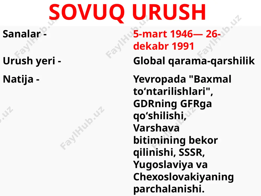 i. bu rеja 1946 yilda bmtga taqdim etildi va u istalgan mamlakatda bunday tadqiqotlarni tеkshirish huquqini kuzda to’tdi. sssr bu rеjani inkor qildi va 1949 yilda o’z atom bombasini ilk bor sinovdan o’tkazdi. shundan boshlab «sovuq urush» yadroviy qurollanish poygasi darajasiga ko’tarildi. aqsh va sssrdan tashqari atom qurolini boshqa mamlakatlar ham yaratishga kirishdi, ular buning uchun moliyaviy va tеxnik imkoniyatga ega bo’lishdi. 1952 yilda angliya, 1960 yilda fransiya, 1964 yilda xitoy o’z atom bombasini sinovdan o’tkazdi. 1974 yilda hindiston, 1999 yilda pokiston o’z atom bombalariga ega bo’ldi. 1945 -1962- yillarda vaqt oʻtishi bilan bloklar qarshiligidagi tanglik oʻzgarib borar edi. uning eng keskin nuqtasi koreya urushi yillariga toʻgʻri keladi . uning oqibatida 1956 yili polsha, vengriyadagi voqealar va suets inqirozi kelib chiqadi; xruschev "iliqligi" kelishi bilan tanglik ozgina yengillashadi, bu ayniqsa 1950-yillarning ohiriga xos; amerika samolyot-aygʻoqchisi u-2 (1960) bilan bogʻliq janjal yangi tanglikka olib keladi, uning choʻqqisi boʻlib karib inqirozi (1962) …
