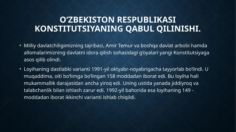 axlit mexanizmini yaratish imkonini berdi. mustaqillik yillarida amalga oshirilgan ijtimoiy-iqtisodiy va siyosiy-huquqiy islohotlar tahlili o‘zbekiston tanlagan taraqqiyotning konstitutsiyaviy modeli to‘g‘riligidan dalolat beradi. o‘zbekiston respublikasi konstitutsiyaningtarixiy ahamiyati. qonun ustunligi haqida fikr yuritganda, avval davlatni asosiy qonuni hisoblangag konstitusiyani ustuvorligini ta'minlash muhimdir. o'zbekiston respublikasini konstitusiyasini va huquqiy davlatni rivojini barpo etishda hal qiluvchi o'rin egallaydi. konstitusiya me'yorlari birlamchi hisoblanadi. birorta ham qonun yoki boshqa me'yoriy-huquqiy xujjat konstitusiya normalari va qoidalariga zid kelishi mumkin emas. konsititusion me'yorlar boshqa qonunlardan yuqori turadi. chunki davlani barcha joriy qonunlari va boshqa huquqiy xujjatlari konstitusiya qabul qilishda ob'ektiv va sub'ektiv, ichki va tashqi omillar birinchi o'rinda turadi. konstitutsiyaga kiritilgan o’zgarishlar. oʻzbekiston respublikasi konstitutsiyasiga hozirgi kunga qadar 14-marta oʻzgartirish va qoʻshimchalar kiritilgan. 1993-yil 28-dekabrda qabul qilingan qonun bilan konstitutsiyaning 77-moddasi 1-qismidagi „150 nafar deputatdan“ degan soʻzlar „deputatlardan“ degan soʻz bilan almashtirildi; 2002-yil 27-yanvarda oʻtkazilgan umumxalq referendumi natijalariga koʻra hamda uning asosida 2003-yil 24-aprelda qabul qilingan qonuniga muvofiq, konstitutsiyaning …