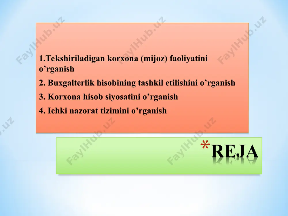 ujjatlar aylanish qoidalari va hisob axborotlariga ishlov berish texnologiyasi: dastlabki hujjatlarning unifikatsiyalangan shakllarini qo’llash. namunaviy shakllari mavjud bo’lmagan dastlabki hujjatlar shakllarini tasdiqlash. boshlangich hujjatlarni imzolash huquqiga ega shaxslar ro’yxatini tasdiqlash. hujjatlar aylanish reja-grafigini tasdiqlash. buxgalteriya hujjatlarini saqlash muddatlarini hisobga olgan holda hujjatlar jildlarining ro’yxatini ishlab chiqish. hujjatlarni saqlash uchun mas’ul shaxslarni aniqlash. 6. mulklarni baholash: xarid uchun qilinadigan ishlab-chiqarish xarajatlarini jamlash yo’li bilan to’lov hisobiga sotib olingan. kirim qilingan paytdagi bozor bahosi bo’yicha tekinga olingan. korxonaning o’zida ishlab chiqarilgan uning haqiqiy tannarxi bo’yicha. 7. inventarizatsiya o’tkazish tartibi: muddatlarini belgilash. doimiy faoliyat ko’rsatadigan komissiya tuzish. inventarizatsiya o’tkazish to’g’risida buyruq tayyorlash. 8. hisobot hajmi, taqdim qilish muddatlari va manzilgohi: hisobotni buxgalteriya hisobiga oid me’yoriy hujjatlarda belgilangan hajm va muddatlarda tuzish. yillik moliyaviy hisobotni taqdim qilish: a) soliq organlariga; b) korxona ta’sischilariga; v) davlat statistika organlariga; g) qonun hujjatlariga muvofiq boshqa organlarga; 10. umumishlab chiqarish xarajatlarini taqsimlash va hisobdan o’chirish tartibi. 11. kelgusi …