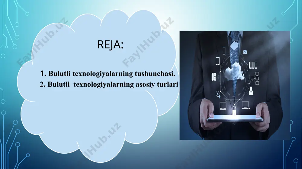 ta'minot haqida qayg'urmasligi kerak. 2008 yilda nashr qilingan ieee hujjatiga ko'ra, "bulutli hisoblash bu paradigma bo'lib, unda ma'lumot internet serverlarida doimiy ravishda saqlanadi va mijoz tomonidan vaqtincha saqlanadi, masalan, shaxsiy kompyuterlarda, o'yin pristavkalari, noutbuklar, smartfonlarda va hokazo gloud computing infrastruktura sathlari bulut -at-infratuzilma tashkilotlarining innavatsion modeli (konsepsiya) hisoblanib, u alohidaajratilgan va taqsimlangan konfiguratsiyalangan apparat va tarmoq resurslaridan, dasturiy ta’minotdantashkil topgan va ular masofadagi provayderlarni ma’lumotlarmarkazida yotadi. gibrid cloud xususiy bulut community cloud(servis provayderi) bulutli texnologiyalarning taqsimlash modellari: xususiy bulut-bu infratuzilma bulutli hisoblashni tadbiq etishda yagona tashkilot doirasida foydalaniladi. misol uchun onlayn xizmatlar: amazon ec2, google apps / docs, microsoft office web community cloud (jamoaviy bulut) -bu infratuzilmada bulutli hisoblashdan faqatgina tashkilotning alohidabir jamoasi, (bo’lim) foydalanishi mumkin. public cloud (ommaviy bulut) -bu infratuzilma bulutli hisoblash xizmatlaridan keng omma foydalanish imkoniyatiga ega gibrid cloud (aralash bulut) – bu yuqoridagi tarqatish modellarining barchasini o’z ichiga oladi. umumiy bulutli xizmatlar keng omma tomonidan bepul …