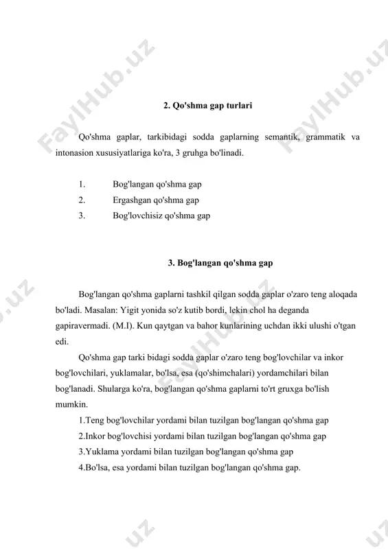 i va eshik oldida bir necha iljaygan siymo paydo bo'ldi. zidlovchi bog'lovchi yordami bilan tuzilgan bog'langan qo'shma gap. bu tip bog'langan qo'shma gaplarni tashkil etgan sodda gaplarning mazmuni bir-biriga zid bo'ladi. bu zidlik ammo, lekin, biroq bog'lovchilari yordami bilan ifoda qalinadi. masalan: odam ham g'o'zaga o'xshab oftobga intiladi, lekin uning oftobi-odamdan ko'radigan mehr-oqibati. ayrim hollarda bu xil qo'shma gaplardagi sodda gaplarning kesimi yuklamalari bilan keladi. bu vaqtda zidlik mazmunini yanada bo'rtadi. masalan: men xalqqa juda oz o'rgatganman-u, lekin o'zim undan juda ko'p narsalarni o'rganganman (a. m). zidlov bog'lovchi yordami bilan tuzilagn bog'langan qo'shma gaplar tarkibidagi sodda gaplardan anglashilgan mazmun bir-biriga qiyos qilinishi mumkin. masalan: ota, yuritimizning bu kuni baxtli, chiroyli, lekin ertasi, indini yana ham chiroyliroq, baxtliroq bo'ladi. (o). ayiruv bog'lovchi yordami bilan tuzilgan bog'langan qo'shma gap. qo'shma gap tarkibidagi sodda gaplar bir-birlari bilan yo (yo..., yo) ye, yoki (yoki.., yoki), dam..., dam; goh..., goh; xoh.., xoh; ba'zan.., ba'zan bog'lovchilari …