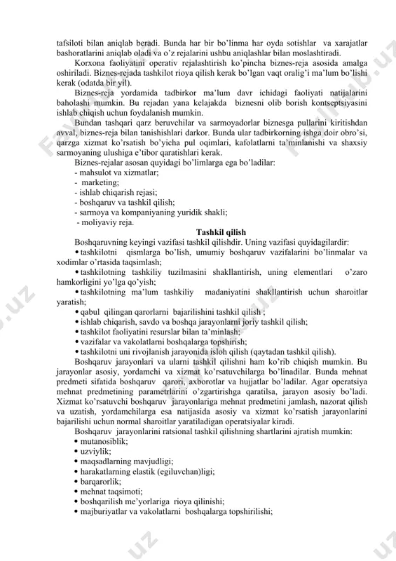 ga qaratiladi. maqsadlar tashkiliy munosabatlarni belgilaydilar, ularga motivatsiya va nazorat tizimlari asoslanadilar. maqsadlarning ikkita asosiy turlari mavjud: uzoq muddatli va qisqa muddatli. odatda bir yil yoki kamroq muddatda erishiladigan maqsadlar qisqa muddatli, uch yil yoki ko’proq muddatda erishiladiganlar maqsadlar uzoq muddatli deb hisoblanadilar. agar zaruriyat vujudga kelsa, yana oraliq (o’rtacha muddatli) maqsadlar ham belgilanadilar. to’g’ri shakllangan maqsadlarni qanoatlantirishlari kerak bo’lgan bir necha asosiy talablar mavjud. ular quyidagicha bo’lishlari kerak: · haqiqiy; · egiluvchan; · o’lchanadigan, vaqtga qaratilgan; · aniq; · bir birlari bilan birga bo’la oladigan; · ta’sirning asosiy sub’ektlari uchun qulay; boshqaruv tizimida bir necha o’zaro bog’langan maqsadlar mavjudligida maqsadlar tizimi(daraxti)ni qurish zaruriyati vujudga keladi. u maqsadlar ierarxiyasini , ya’ni umumiylik, ahamiyatlilik va maqsadga erishishning izchilligi darajasi bo’yicha joylashgan, bir biriga bo’y- sunuvchi maqsadlarning tartibga solingan majmuasini qurishdan iboratdir. rejalar nima qilish kerakligini ko’rsatuvchi ro’yxatga egalar, qo’yilgan maqsadlarga erishish uchun zarur bo’lgan ishni bajarishning izchilligi, resurslar va vaqtni belgilab …