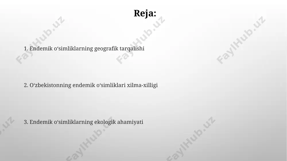 mlik turi mavjud boʻlib, ularning aksariyati qoraqalpogʻiston va fargʻona vodiylaridagi togʻli hududlarda uchraydi, koʻpchiligi noyob va himoyaga muhtoj. toshkent viloyatida endemiy fergana atirguli (rosa ferganensis) kabi noyob turlar uchraydi, uning gulining diametri 5-7 sm gacha yetishi va noyob xushboʻy hidi bilan ajralib turadi. geografik tarqalishi va ekologik omillar namoyish etadigan 100 dan ortiq endemik turlar qashqadaryo viloyatining togʻli va dashtli zonalarida, turli xil ekologik sharoitlarda, jumladan, qoyali va qumloq yerlarda tarqalgan. oʻzbekistonning janubi-gʻarbiy choʻl mintaqalarida, xususan, qoraqalpogʻiston respublikasining 30% dan ortiq hududida, shuningdek, buxoro va xorazm viloyatlarida shoʻrxok tuproqlarda oʻsadigan endemik oʻsimlik turlari koʻp uchraydi. e'tiboringiz uchun rahmat @taqdimot_robot image3.png image4.jpg image5.jpg image6.jpg image7.jpg image8.jpg image9.jpg image1.png