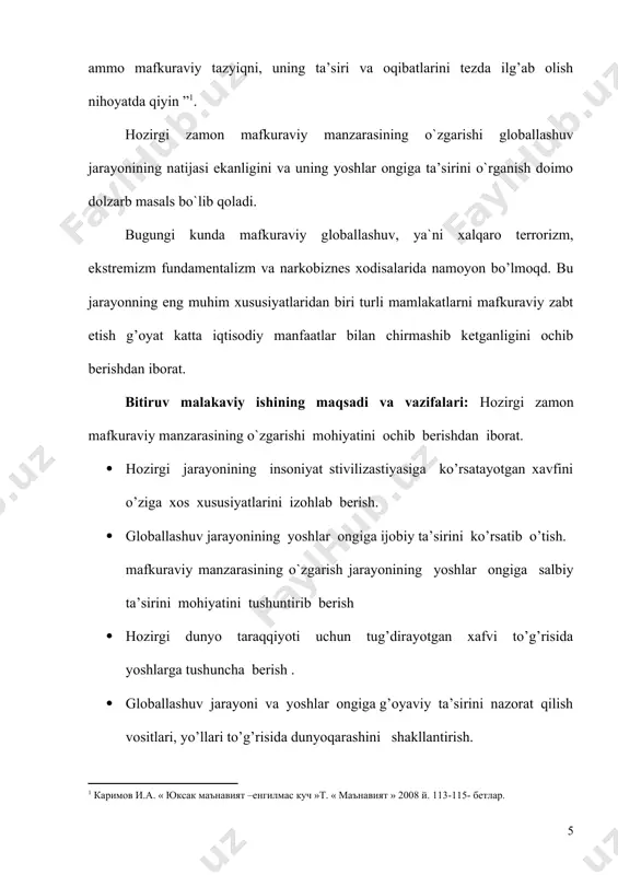 inson va yoshlar hayoti uchun xavfli bo’lgan kasalliklar, azon qatlamining emirilishi, ekologik muammolar, milliy va mintaqaviy mojarolarni oldini olish muammolarini xal etishida ushbu mavzuning ahamiyati o’zgachadir. chunki, global muammolarni shu darajaga taranglashib ketishiga insoniyat sababli ekanligini hozirgi yoshlar teran anglashi kerak bo’ladi. bu muammolarini kelgusidagi natijalarini to’g’ri anglagan holda uni bartaraf etilishi uchun doimiy ravishda ma’naviy g’oyaviy – mafkuraviy tarbiyani profilaktik ishlarni yanada yaxshi yo’lga qo’yish talab kilinadi. yoshlarimiz tarbiyasida yuqorida ilgari surilgan tushuncha va tasavvurlarni o’rinli singdira olinsa ishda ko’zlangan ilmiy va amaliy ahamiyati yanada maqsadga muvofik bo’ladi. bitiruv malakaviy ishini tarkibi. malakaviy ish kirish, ikki bob, to`rt bo`lim, xulosa,foydalanilgan adabiyotlar ro`xatidan iborrat. i-bob: mafkuraviy jarayonlarning globallashuvi, intеnsivlashuvi, univеrsallashuvi va intеgratsiyalashuvi 1.1 dunyo mafkuraviy jarayonlarining o`zgarishi. o`zbеkistonda bozor iqtisodiyoti munosabatlariga asoslangan zamonaviy dеmokratik davlat, fuqarolik jamiyati qurilishi, hozirgi davrda jahonda kеchayotgan umumbashariy jarayonlardagi ishtirokiga va ularning g`oyaviy-mafkuraviy asoslanishiga bog`liqdir. shunga ko`ra, dunyodagi g`oyaviy-mafkuraviy jarayonlarning mazmun-mohiyatini, ularning xalqimiz hayoti va …