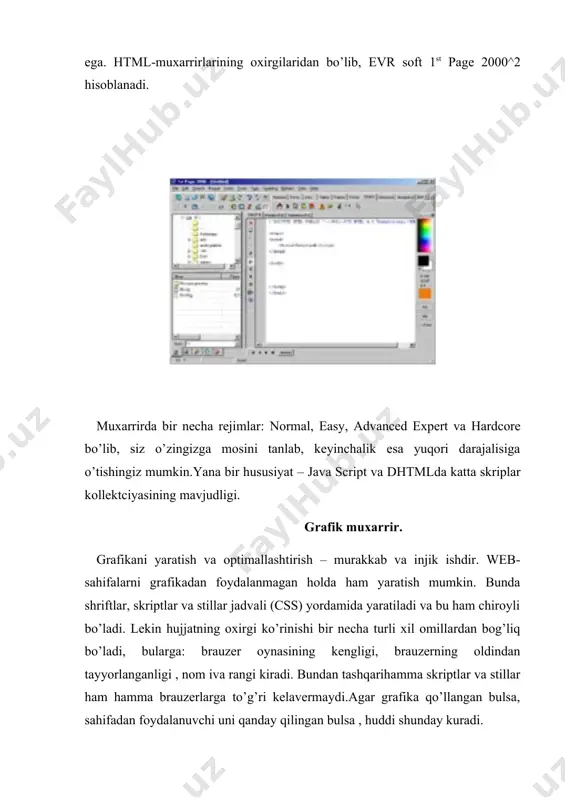ajlarni yaratish vositalarini taklif qiladi.umuman bu paket xakikatdan ham yuqori potentcialga ega. 5.5 versiyasidan boshlab, paketga adobe image ready (p.5.6) dasturi kiritildi. bu dastur webdagi grafikalarni qayta ishlash buyicha katta imkoniyatlarga ega.(rasmlarni optimallashtirish, animatciyalangan gifni yaratish , rasmlarni mayda bulaklarga «kirkish» va b.) adobe photoshop yaratuvchilari – faqat texnik mukammallikni emas, balki ijod mustakilligini ham taklif qiladi. photopaint-core 1 draw paketi grafik muxarrirlardan biri bo’lib, rastrli grafikani qayta ishlash buyicha adobe photoshop bilan rakobatlasha oladi. bunda grafikani qayta ishlash uchun muhim bo’lgan turli xil filtrlar, teksturalar instrumentlari mavjud. ishlashdagi qulaylik, interfeys va filtrlarni qo’yish tezligida fark qiladi. painter – muxarrir chizishning real instrumentlari: grafit, mel,moy va b. ni emulyatciya qilish imkoniyatini beradi web-sahifa yoki fonli rasmlarni surat ko’rinishida ishlab chiqishda qulaydir. bu dasturdan foydalangan paytda o’zingizni huddi xakikiy rassomday sezasiz.yana bir qancha muxarrirlar (microsoft photo editor, microsoft photo draw) mavjud bo’lib, ular oddiy topshiriqlarni bajarish imkonini beradi. vektorli grafika muxarrirlari. …