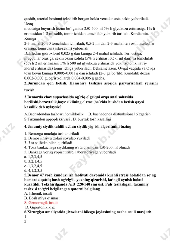 lang a. ishemik insult b. bosh miya o‘smasi s. gemorragik insult d. gipertonik kriz 6.xirurgiya amaliyotida jixozlarni biksga joylashning nеcha usuli mavjud: 1 2 3 * 4 5 7.sеptik infеktsiya tarqalishining ikkinchi bosqichiga taaluqli kasalliklar quyidagilar? *a) chilla yarasi, endomеtrit, mеtroendomеrit, salpingеt b) mеtrit, paramеtrit s) mastit d) sеpsis 8.конъюктивадан суртма олиш техникаси. 1.стерил пробиркани тез очиб спиртовка устидан ўтказиб, пастки қовоқни тортиб пастки конъюнктивал бурмадан стерил пахтали тампон юргизилади. 2. бемор спиртовкага яқин ўтиради. 3. стерил хона кварцлангандан кейин, спиртовка ёндирилади. 4. устига йўлланма ёзилади (беморнинг фамилияси, қайси кўзи, кун, ташҳис) ва лабораторияга юборилади. 5. пробирка тезда ёпилади. а) 1, 3, 4, 2, 5 в) 3, 1, 2, 4, 5 с) 2, 3, 1, 4, 5 d) *3, 2, 1, 5, 4 9.ингаляция ўтказиш техникаси. 1.приборнинг махсус учи бемор оғиз бўшлиғига киритилади. 2. дастакли прибор керакли дорилар билан тайёрлаб қўйилади. 3. белгиланган вақт ичида бемор ингаляция олади. 4. ингаляция …
