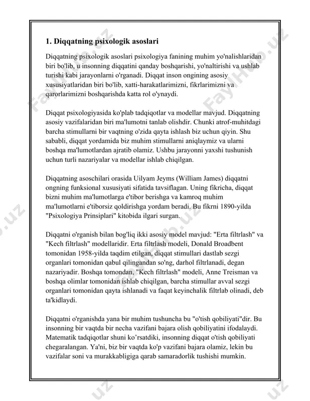 ‘ziga xos xususiyatlar bilan tavsiflanadi. birinchi bosqich, taxminan 0-2 yosh oralig‘ida kuzatiladi. bu davrda bola diqqatning dastlabki belgilari namoyon bo‘la boshlaydi. bolalar to'g'ridan-to'g'ri ta'sirlarga javob beradi va diqqatni ushlab turish qobiliyati juda qisqa muddatli bo'ladi. ushbu davrda diqqatning davomiyligi o'rtacha 3-5 soniyani tashkil etadi. bolalar vizual va eshitish stimullari orqali diqqat saqlashga harakat qiladi. ikkinchi bosqich 2-5 yosh oralig‘ida namoyon bo'ladi. ushbu bosqichda bolalar diqqatini ancha uzoqroq vaqtga qaratishga qodir bo'ladi. diqqat asosan o'yin faoliyatida shakllanadi. bolalar bu davrda bir narsaga diqqatini qaratib, uni 5-10 daqiqa davomida ushlab turishi mumkin. diqqat barqaror bo'lib boradi va kuzatuvchanlik oshadi. biroq, halaqit beruvchi omillar hali ham diqqatni tezda chalg'itishi mumkin. uchinchi bosqich 5-7 yoshni o'z ichiga oladi. ushbu yoshda maktabga tayyorgarlik davri boshlanadi. bolalar diqqatni undan uzoqroq vaqt davomida saqlab turishga qodir bo'ladi, masalan, katta yoshdagi mashg'ulotlar paytida o'rtacha 15-20 daqiqagacha. bolalar diqqatini faqat o'zlariga qiziq bo'lgan narsalargagina emas, balki o'qituvchilar va ota-onalarning …
