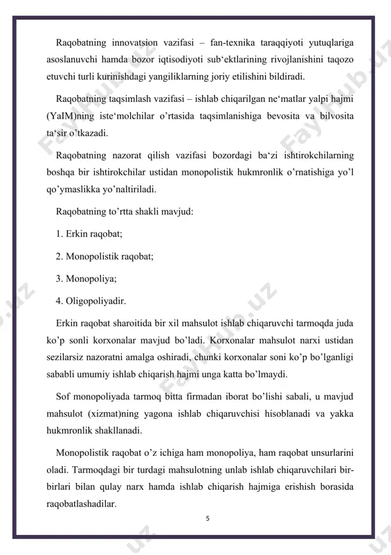 amrab olish darajasiga ko’ra: a) sof monopoliya; b) oligopoliya; v) monopoliya. sof monopoliya – tarmoqdagi yagona ishlab chiqaruvchi yoki sotuvchining narx va ishlab chiqarish hajmini belgilashdagi yakka hukmronlik holati hisoblanadi. masalan, o’zbekistonda sof monopoliyalar sifatida “o’zbekiston havo yo’llari” dak, “o’zbekiston temir yo’llari”dak, toshkent aviatsiya ishlab chiqarish birlashmasi shular jumlasidandir. oligopoliya – tarmoqdagi bir necha yirik ishlab chiqaruvchi yoki sotuvchining narxi va ishlab chiqarish hajmini belgilashdagi hukmronlik holati hisoblanadi. oligopolist–ishlab chiqaruvchilarga o’zbekistonda tsement (asosan, bekobod, kuvasay, ohangaron, navoiy shaharlarida joylashgan), ko’mir (angren shahri, surxondaryo viloyatining sariosiyo (shargun) va boysun (to’la) tumanlarida joylashgan) ishlab chiqarishni misol keltirish mumkin. monopoliya – tarmoqdagi ishlab chiqaruvchi yoki sotuvchilar soni juda ko’p bo’lib, ular tovar yoki xizmatlarining yagona iste‘molchisi yoki xaridori mavjud bo’lgan sharoitdagi yakka hukmronlik holati hisoblanadi. bunga “o’zdeuavto” korxonasi yaqqol misol bo’la oladi. 2. monopoliyaning vujudga kelishi sababi va tavsifiga ko’ra: a) tabiiy monopoliya; b) legal monopoliya; v) sun‘iy monopoliya. tabiiy monopoliya – korxonaning …
