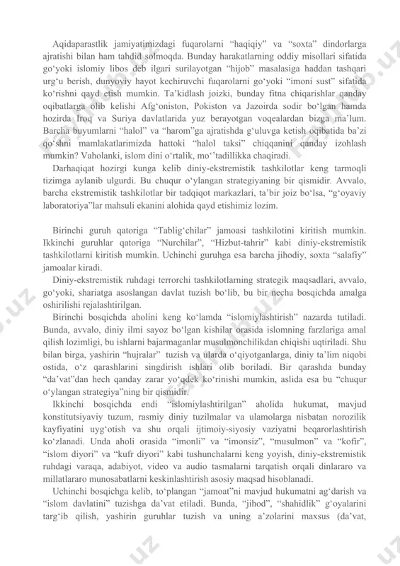 g nog‘orasiga o‘ynayotgan diniy-ekstremistik va terrorchi oqimlar tomonidan u yerlarda amaliyotni o‘tab kelgan aqidaparast, diydasi qotgan, mustaqil fikrlashdan mahrum, rahnamolarining har qanday buyruqlarini qonun deb biluvchi zombi jangarilardan tinch mintaqalarda ham turli nizolar va beqarorliklarni keltirib chiqarishda foydalanish maqsadi bugun ko‘pchilikka ayon haqiqatdir. ayniqsa, “jihodchi” guruhlar o‘z safiga yangi shaxslarni jalb etishda internet va ijtimoiy tarmoqlardan keng foydalanmoqda. turli internet saytlari, “odnoklasnik”, “tvitter” kabi ijtimoiy saytlarda tashkil etilgan turli nomlardagi forum va guruhlar, “you tube” portalidan keng foydalanilmoqda. mazkur guruhlarning targ‘ibotchilari ko‘p vaqtini internetda o‘tkazuvchi, vaqtincha ishsiz, xorijda pul topish ilinjida yurgan va ijtimoiy holatdan norozi shaxslarni o‘z saflariga qo‘shish maqsadida ular bilan go‘yoki “musulmonlarning azoblanayotgani” suhbatlar olib boradilar. so‘ngra islom olamidagi “muammolar” sanab o‘tilib, aybdorlar sifatida dunyoviy davlat va jamiyat ko‘rsatiladi. bundan keyin esa barcha muammolarning “yechimi” sifatida “kofirlarga” qarshi “jihod” qilish taklif etiladi. buning uchun esa avvalambor “hijrat” qilish lozimligi uqtiriladi. bilimsiz, o‘z mustaqil fikri va atrofdagi hodisalarni …