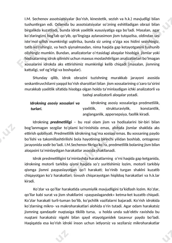 i vaqtinchalik nerv aloqalari ikki xil: bir analizator chegarasida va analizatorlar o‘rtasida hosil bo‘ladigan turlarga ajratilishi mumkin. birinchi turdagilari organizmga bir modallikka ega bo‘lgan ko‘p tomonlama seskantiruvchining ta’sir etishida alohida o‘rin egallaydilar. masalan, bunday seskantiruvchi sifatida eshitish analizatoriga ta’sir ko‘rsatuvchi alohida tovushlarning o‘ziga xos uyg‘unligidan iborat bo‘lgan kuy xizmat qilish mumkin. bu to‘plam yagona murakkab seskantiruvchi sifatida faoliyat ko‘rsatadi. bunda nerv aloqalari seskantiruvchining o‘ziga nisbatan javob o‘rnida emas, balki, ularning vaqtinchalik, fazoviy va shu kabi munosabatlariga nisbatan ham hosil bo‘ladi. natijada katta yarim sharlar po‘stlog‘ida integratsiyalash yoki murakkab sintez jarayoni sodir bo‘ladi. ko‘p tomonlama seskantiruvchi ta’sirida hosil bo‘ladigan nerv aloqalarining ikkinchi turi – bu turli analizatorlar chegarasidagi aloqalar, ularning yuzaga kelishini i.m. sechenov assotsiatsiyalar (ko‘rish, kinestetik, sezish va h.k.) mavjudligi bilan tushuntirgan edi. odamda bu assotsiatsiyalar so‘zning eshitiladigan obrazi bilan birgalikda kuzatiladi, bunda idrok yaxlitlik xususiyatiga ega bo‘ladi. masalan, agar ko‘zlaringizni bog‘lab qo‘yib, qo‘lingizga aylanasimon jism tutqazilsa, oldindan uni iste’mol …