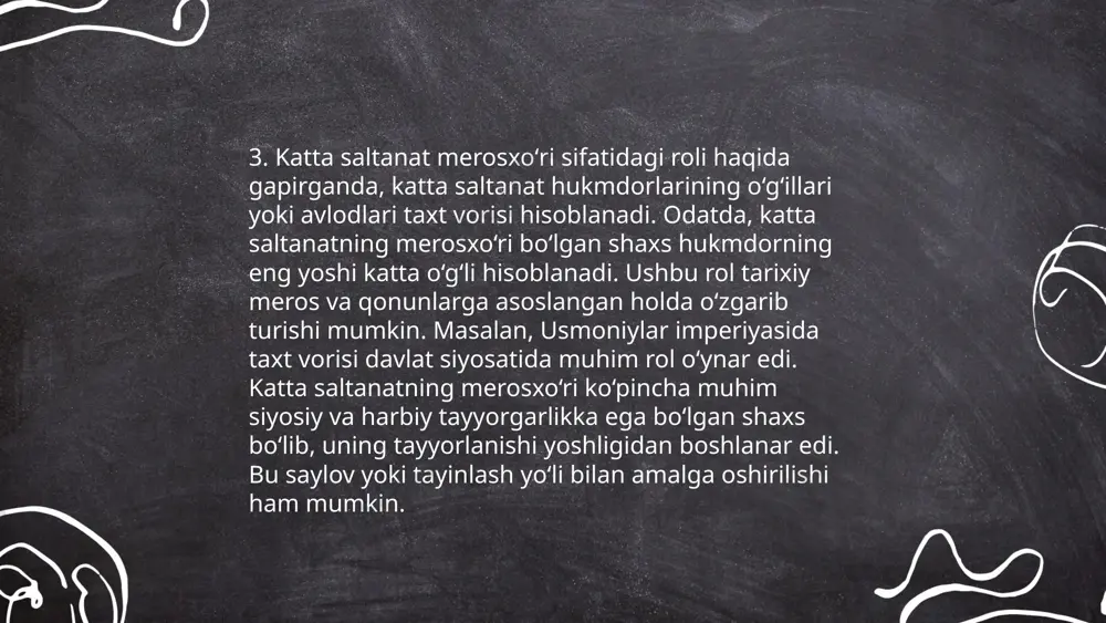 yilda 5 ta ikki tomonlama savdo shartnomasi imzolangan. shu vaqt ichida 12 ta davlat rahbari bilan rasmiy uchrashuvlar o'tkazilgan. 2005 yilgi saylovlarda uning partiyasi 60% ovoz to'plagan. u dastlabki 10 yil ichida 9 ta yirik siyosiy islohotlar amalga oshirgan. ... t.me/slaydai_bot 13. ulugʻbekning hukmronlik yillari ulugʻbek, toʻliq ismi muhammad taragay bin shohrux, 1394-yilda marvda tugʻilgan va temuriylar davlati hukmdori boʻlgan. u 1447-yildan 1449-yilgacha movarounnahrda hukmronlik qilgan. ulugʻbek samarqandni ilm markaziga aylantirgan. uning samarqanddagi rasadxonasi 1428-yilda qurib bitkazilgan va astronomiya sohasidagi kashfiyotlarga katta hissa qoʻshgan. ulugʻbekning asosiy ilmiy asari "ziji jadidi koʻragoniy" boʻlib, unda 1018 yulduzning koordinatalari aniqlangan. hukmronligi davomida ilm-fanga katta eʼtibor qaratdi, ammo 1449-yilning 27-oktyabrida ota-onasi oʻrtasidagi nizolar tufayli oʻgʻli abdulatif tomonidan oʻldirilgan. mirzo ulugʻbek-davlat arbobi va buyuk olim allayorov mironshoh e'tiboringiz uchun raxmat! image1.png image2.png image3.png image4.jpg image5.png image6.png image7.jpg image8.jpg image9.jpg /docprops/thumbnail.jpeg
