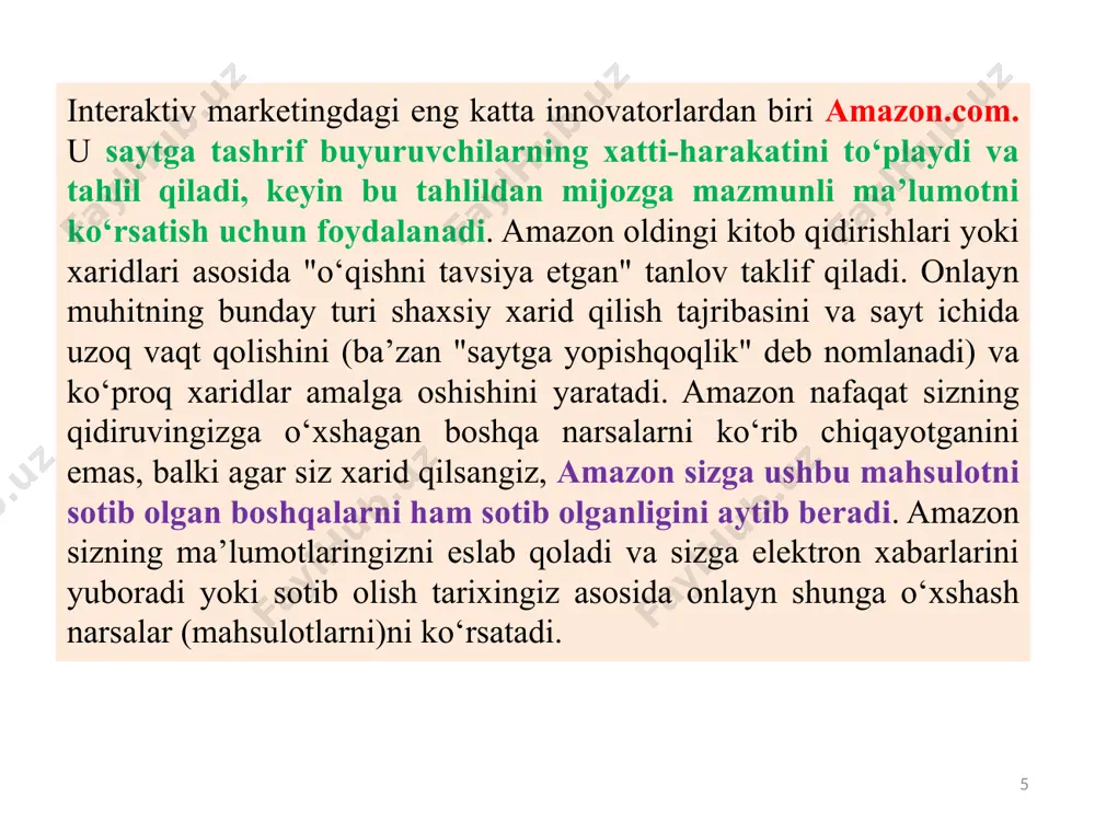 onlayn maqsadli auditoriya uchun tarkib yaratish, nashr qilish va tarqatishga qaratilgan marketing shaklidir. 12 e-marketing (elektron marketing) internet marketing, veb-marketing, raqamli marketing yoki onlayn marketing kabi tanilgan. e-marketing - intemetdan foydalanib mahsulot yoki xizmatni sotish jarayoni. e-marketing nafaqat intemetda marketingni o‘z ichiga oladi, balki elektron pochta va simsiz ommaviy axborot vositalari orqali amalga oshiriladigan marketingni ham o‘z ichiga oladi. internet faqat marketing vositalaridan biri, ya’ni, korxonaning umumiy marketing miksdagi yana bir marketing kanali. 13 13.4. e - marketing e-marketing mijozlarga qulaylik va raqobatbardosh narxlami taqdim etadi va bu korxonalarga operatsion xarajatlami kamaytirishga imkon beradi. korxonalar e-marketing va onlayn xaridlami taklif qilishlari sababli, mijozlar o‘zlarining kompyuterlari yoki uyali telefonlaridan bozor haqida m aium ot olishlari, uydan chiqmasdan kuniga 24 soat va haftasiga yetti kun tovarlar sotib olishlari yoki xizmatlar topishlari mumkin. ular intemetdagi yoki electron pochta orqali reklamalami o‘qish, elektron kuponlar, tovarlaming chizmalarini ko'rish, narxlami taqqoslash va sichqonchani bir necha marta …