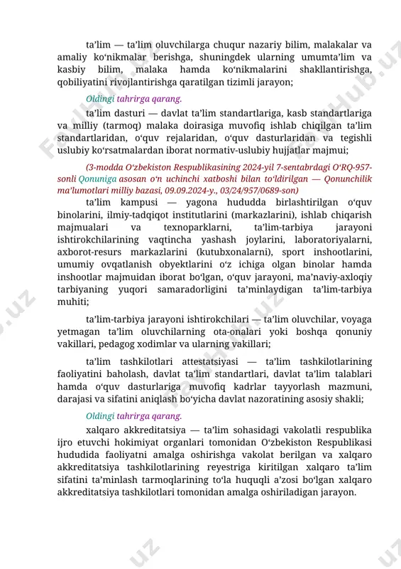 ko‘nikmalarini shakllantirishga, qobiliyatini rivojlantirishga qaratilgan tizimli jarayon; oldingi tahrirga qarang. ta’lim dasturi — davlat ta’lim standartlariga, kasb standartlariga va milliy (tarmoq) malaka doirasiga muvofiq ishlab chiqilgan ta’lim standartlaridan, o‘quv rejalaridan, o‘quv dasturlaridan va tegishli uslubiy ko‘rsatmalardan iborat normativ-uslubiy hujjatlar majmui; (3-modda o‘zbekiston respublikasining 2024-yil 7-sentabrdagi o‘rq-957-sonli qonuniga asosan o‘n uchinchi xatboshi bilan to‘ldirilgan — qonunchilik ma’lumotlari milliy bazasi, 09.09.2024-y., 03/24/957/0689-son) ta’lim kampusi — yagona hududda birlashtirilgan o‘quv binolarini, ilmiy-tadqiqot institutlarini (markazlarini), ishlab chiqarish majmualari va texnoparklarni, ta’lim-tarbiya jarayoni ishtirokchilarining vaqtincha yashash joylarini, laboratoriyalarni, axborot-resurs markazlarini (kutubxonalarni), sport inshootlarini, umumiy ovqatlanish obyektlarini o‘z ichiga olgan binolar hamda inshootlar majmuidan iborat bo‘lgan, o‘quv jarayoni, ma’naviy-axloqiy tarbiyaning yuqori samaradorligini ta’minlaydigan ta’lim-tarbiya muhiti; ta’lim-tarbiya jarayoni ishtirokchilari — ta’lim oluvchilar, voyaga yetmagan ta’lim oluvchilarning ota-onalari yoki boshqa qonuniy vakillari, pedagog xodimlar va ularning vakillari; ta’lim tashkilotlari attestatsiyasi — ta’lim tashkilotlarining faoliyatini baholash, davlat ta’lim standartlari, davlat ta’lim talablari hamda o‘quv dasturlariga muvofiq kadrlar tayyorlash mazmuni, …