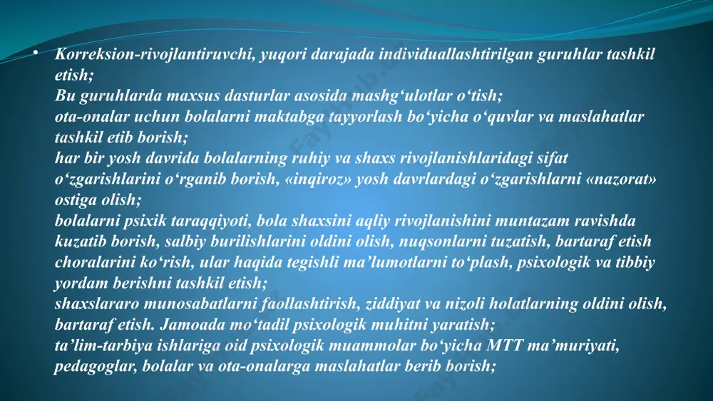 ltirilganlik xizmatlar har bir mijozning ehtiyojlari va individual xususiyatlarini hisobga olishi kerak. yaxlitlik psixologik xizmatlar barcha faoliyat yo‘nalishlari o‘zaro bog‘liq bo‘lishi kerak. etika va maxfiylik har bir xizmat ko‘rsatishda shaxsiy ma’lumotlarning maxfiyligini saqlash muhimdir. samaradorlik va monitoring xizmatlar samaradorligini baholash va uni doimiy ravishda takomillashtirish. hamkorlik ijtimoiy xizmatlar, ta’lim muassasalari va sog‘liqni saqlash tashkilotlari bilan aloqada bo‘lish. 14 psixologik xizmatlarning qo‘llanilishi ta’lim tashkilotlarida bolalar va tarbiyachilarni psixologik qo‘llab-quvvatlash. ota-onalar bilan ishlash. sog‘liqni saqlash tizimida psixologik reabilitatsiya va travmadan keyingi tiklanish. korporativ sohada xodimlarning ish samaradorligini oshirish va stressni kamaytirish. ijtimoiy himoya tizimida nogironlik yoki ijtimoiy moslashuv muammolariga ega shaxslar bilan ishlash. 15 2. psixologik xizmatlar tizimini joriy etish. hozirgi zamonda ta’lim, sog‘liqni saqlash, ijtimoiy himoya va ish joylarida psixologik xizmatlarni joriy etish insonlarning psixologik farovonligini ta’minlashda katta ahamiyat kasb etadi. psixologik xizmatlar tizimi muayyan tuzilma, tamoyillar va usullar asosida shakllanadi va insonlarning emotsional, intellektual hamda ijtimoiy rivojlanishini qo‘llab-quvvatlaydi. psixologik xizmatlar …