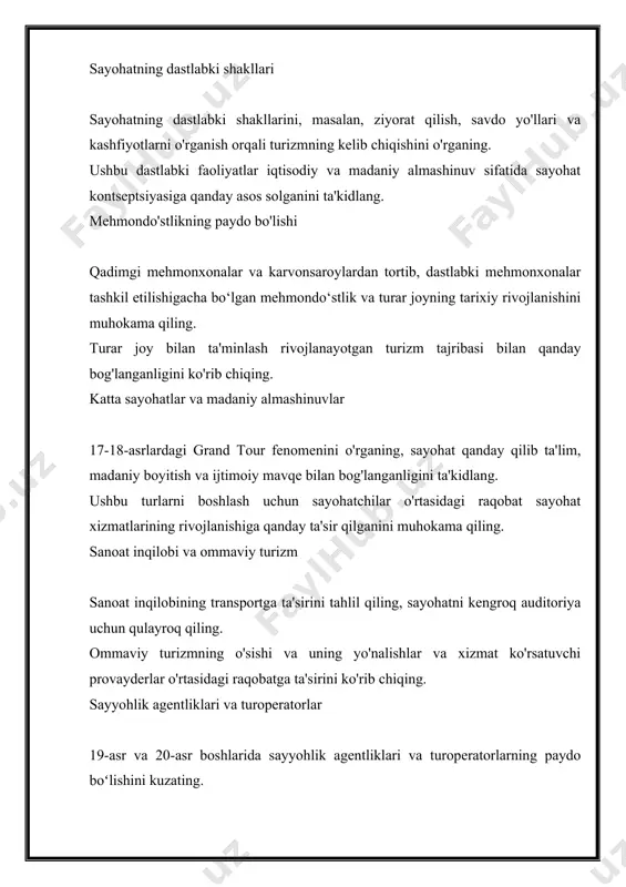r qilishini va raqobat uchun yangi qiyinchiliklar va imkoniyatlar yaratishini muhokama qiling. katta ma'lumotlar tahlili mijozlarning profilini aniqlash, shaxsiy marketing va strategik qarorlar qabul qilish uchun turizm sohasida katta ma'lumotlar tahlilidan foydalanishni o'rganing. kompaniyalar iste'molchilarning afzalliklarini tushunish, narx strategiyasini optimallashtirish va umumiy mijozlar ehtiyojini qondirish uchun ma'lumotlardan qanday foydalanishini muhokama qiling. mobil texnologiyalar va ilovalar mobil texnologiyalar va sayohat ilovalarining turistik kompaniyalarning raqobatbardoshligiga ta'sirini o'rganing. mobil ilovalar qanday qilib real vaqtda ma'lumot taqdim etishi, mijozlarning faolligini oshirish va raqobat uchun yangi yo'llarni yaratishini muhokama qiling. qiyinchiliklar va imkoniyatlar texnologik o'zgarishlarning tez sur'atlari bilan bog'liq muammolarni, jumladan, ma'lumotlar maxfiyligi, kiberxavfsizlik va raqamli tafovut bilan bog'liq muammolarni hal qiling. texnologiyani o'zlashtirish va strategik jihatdan qo'llash orqali kompaniyalarning raqobatdosh ustunlikka erishish imkoniyatlarini ta'kidlang. hamkorlikdagi raqobat bo'limi turizm sanoatidagi paradigma o'zgarishini o'rganadi, bu erda kompaniyalar raqobatbardosh mavqeini oshirish uchun hamkorlik qiymatini tobora ko'proq tan oladilar. ushbu tendentsiya muammolarni birgalikda hal qilish va umumiy takliflarni …