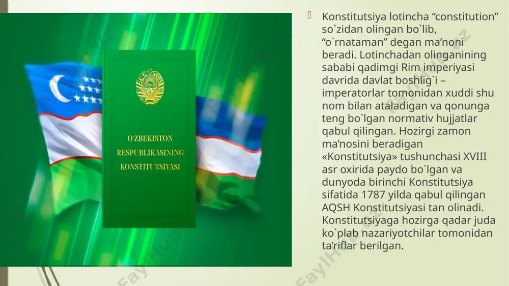 ta’sirini oshgani o`z ifodasini topgan). aksariyat xorijiy mamlakatlarda ushbu bosh manba “konstitutsiya” deb atalsa, ayrim davlatlarda konstitutsiyalar o`ziga xos nomlarga ega. masalan, germaniyada “asosiy qonun”, kolumbiyada “siyosiy konstitutsiya”, monakoda “konstitutsion ordanans” deb nomlanadi. uchinchidan, konstitutsiyalar real hayotda davlat hokimiyatiga xalq egalik qiladigan jamiyatlardagina qabul qilinadi. bunday jamiyatlar ko`pincha demokratik jamiyat sifatida e’tirof etiladi. to`rtinchidan, konstitutsiya davlatning o`z hokimiyatini amalga oshirishda ma’lum bir chegarasini belgilaydigan, davlat va uning fuqarolari o`rtasidagi munosabatdan kelib chiqadigan shartlashilgan hujjatdir. davlat fuqarolarning huquq va erkinliklarini amalga oshirishni kafili bo`lsa, fuqarolar o`z navbatida davlat oldidagi burchlarini bajarishlari shart. zamonaviy konstitutsiyalarning mohiyati umuminsoniy, huquqiy qadriyatlarni va umumdemokratik asoslarni mustahkamlashda ifodalanadi. ular har bir inson teng huquqli fuqaro bo`lib faoliyat yurita oladigan davlatda yashashini targ`ib qiladi. yuqoridagilardan kelib chiqib shuni aytish mumkinki, o`zbekiston respublikasida amal qilayotgan konstitutsiya o`z mohiyatiga ko`ra, demokratik huquqiy davlat qurish konstitutsiyasi sifatida o`zbekiston xalqi irodasining ifodasidir va bu iroda umumdemokratik prinsiplarni o`zida mujassam etuvchi, insonni, …