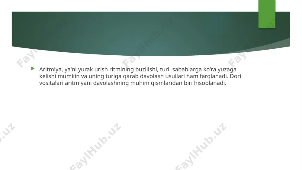 darajalari (sun'iy ritm haydovchisi bo'lmasa), kardiogen shok, og'ir yurak yetishmovchiligi (ayniqsa dizopiramid uchun), qt intervalining tug'ma yoki orttirilgan uzayishi. * ib sinfi (lidokain, meksiletin, fenitoin, tokainid) * ta'sir mexanizmi: natriy kanallarini zaif bloklaydi. ular asosan ishemiyaga uchragan (kislorod yetishmovchiligi bo'lgan) yurak to'qimalaridagi natriy kanallariga ko'proq ta'sir qiladi. harakat potentsialining davomiyligini va erpni qisqartiradi yoki o'zgartirmaydi. ekgda qt intervaliga kam ta'sir qiladi. * klinik qo'llanilishi: qorinchalar aritmiyalari (ayniqsa miokard infarkti fonida), yurak glikozidlari bilan zaharlanishda qorinchalar aritmiyalari. lidokain asosan tomir ichiga yuboriladi. meksiletin peroral (og'iz orqali) qo'llaniladigan lidokainga o'xshash dori. fenitoin ko'proq tutqanoqqa qarshi dori sifatida ma'lum, ammo ba'zi yurak aritmiyalarida ham ishlatiladi. * mumkin nojo'ya ta'sirlari: * lidokain: nevrologik buzilishlar (bosh aylanishi, uyquchanlik, paresteziyalar, titroq, talvasalar), gipotenziya, bradikardiya. * meksiletin: ko'ngil aynishi, qusish, bosh aylanishi, titroq. * qo'llash mumkin bo'lmagan holatlar: og'ir sinus tuguni zaifligi sindromi, yuqori darajadagi av-blokada (sun'iy ritm haydovchisi bo'lmasa), lidokainga yuqori sezuvchanlik. * ic sinfi (flekainid, …