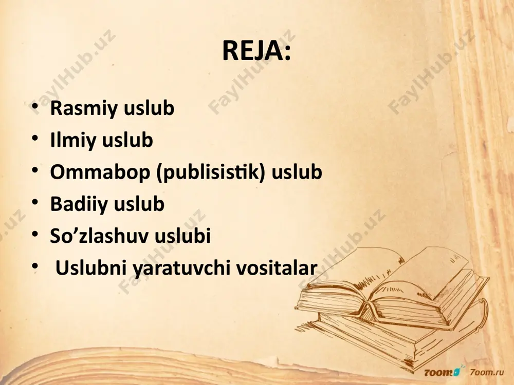 atda uslublar, til vositalarining nutqda qo‘llanish yo‘llari, lug‘aviy, frazeologik va grammatik birliklarning qo‘llanish xususiyatlari o‘rganiladi. har bir uslubni yaratuvchi vositalar mavjud. bularni quyidagi turlarga bo‘lish mumkin: 1. leksik vositalar: sinonim, omonim, antonim, paronim, ko‘p ma’nolilik, tag ma’no (gapning tagida yashiringan ma’no), sifatlash, o‘xshatishlar, frazeologik birlik, sheva, noadabiy so‘zlar (jargon, argo, so‘kish, qarg‘ish kabilar), kasb-hunar so‘zlari, mubolag‘a (giperbola), arxaik va tarixiy so‘zlar, atamalar. 2. fonetik vositalar: nutq tovushlari, ohang, urg‘u. ish qog‘ozlari va hujjatlarning xilma-xilligiga qarab ularga oi d atamalarning me’yorlashuvi va chegaralanuvi ham kuzatiladi. qiyos uchun diplomatic munosabatlar doirasidagi so‘z va iboralarga ko‘z yugurtiraylik ahdlashuvchi oliy tomonlar, elchi, elchixona, muxtor elchi, muxtor vakil, ishonchli vakil, nota, ratifikasi ya, shartnoma, bayonot, qo‘shma bayonot, deklarasiya, tashrif, qarorgoh kabilar. 3. grammatik vositalar: a) morfologik vositalar: har bir so‘z turkumi; b) sintaktik vositalar: gap bo‘laklari, ritorik so‘roq gaplar, undalma, kirish so‘z, kirish birikma, sodda va qo‘shma gaplar, ko‘chirma va o‘zlashtirma gaplar. ma’lum bir uslubga …