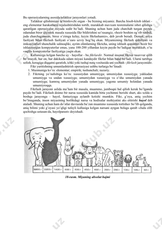 ilishimizga aloqador bilish jarayoni psixologiyada tafakkur, fikrlash deb ataladi. tafakkur - inson ongining bilish obyektlari hisoblanmish narsa va hodisalar o’rtasida murakkab, har tomonlama aloqalarning bo’lishini ta’minlovchi umumlashgan va mavxumlashgan aks ettirish shaklidir. tafakkur muammolari uzoq vaqtgacha o’zining murakkabligi bilan psixologlar nazaridan chetda bo’lgan, u asosan faylasuflar va mantiqshunoslar fikr yuritadigan masala hisoblangan. psixologiya ilmining otaxoni hisoblanmish nemis olimi vilgelm vundt ham psixologiyani ikkiga bo’lib - fiziologik psixologiya (eksperimental yo’l bilan bilish jarayonlarini o’rganuvchi fan) va halklar psixologiyasi kismlariga bo’lib, oxirgi psixologiyaning tarkibiga nutq va tafakkur psixologiyasini ham kiritgan va uni eksperimental tarzda o’rganib bo’lmaydi, ularni tushuntirish mumkin xolos deb hisoblagan. bu xulosalar aslida tafakkur va fikrlash jarayonlarining naqadar murakkab tabiatga ega ekanligidan dalolat beradi. lekin shunday bo’lsa ham shuni ta’qildash joizki, birinchidan, tafakkur va fikrlash jarayonlari - bu bilish jarayonlari; 1. ikkinchidan, ular ham shaxs tomonidan borliqni aks ettirish shakli, umumlashtirib, bilvosita aks ettirish shakli; 1. uchinchidan, bu jarayonlar ham …