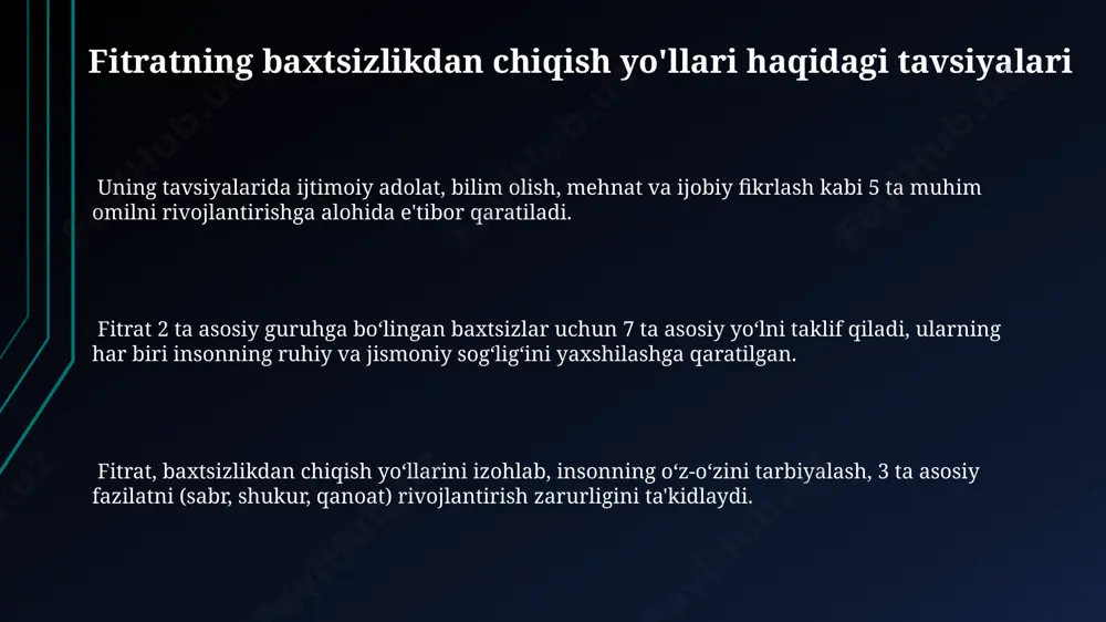 hning 10 dan ortiq usulini bayon qiladi. o'z-o'zini tarbiyalash jarayonida fitrat shaxsiy xususiyatlarni, xususan, 5 ta asosiy fazilatni rivojlantirishga, ularni yaxshilashga urg'u beradi. kitobda o'z ustida ishlashning samaradorligi 70% ichki motivatsiyaga, 30% tashqi omillarga bog'liqligi haqida fikrlar keltirilgan. shuhratparastlik va uning inson ruhiga ta'siri fitrat, "rahbari najot"da shuhratparastlikni insonning 2 ta asosiy kamchiligi – o'ziga haddan tashqari ishonch va haqiqatdan yiroqlashish bilan bog'laydi, bu esa ruhiy iztirobga olib keladi. ushbu asarda 3 ta asosiy shuhratparastlik turi ta'riflanadi: moddiy boylikka, ijtimoiy mavqega va bilim-mahoratga intilish, ularning har biri inson ruhiyatiga turlicha ta'sir qiladi. fitrat, shuhratparastlikning salbiy oqibatlarini 5 ta bosqichda – qoniqmaslik, yolg'onchilik, yolg'izlik, ruhiy tushkunlik va ijtimoiy izolyatsiya shaklida bayon etadi. birinchi toifa: jaholat va g'aflatga berilganlar ushbu toifadagi odamlarning 70% dan ortig'i ma'naviy qashshoqlikka va ruhiy tushkunlikka duchor bo'lib, o'z hayotlaridan norozi ekanliklarini fitrat tahlil qiladi. fitrat birinchi toifaga kiruvchi 2 ta asosiy guruhni – jaholat va g'aflatga berilganlarni …