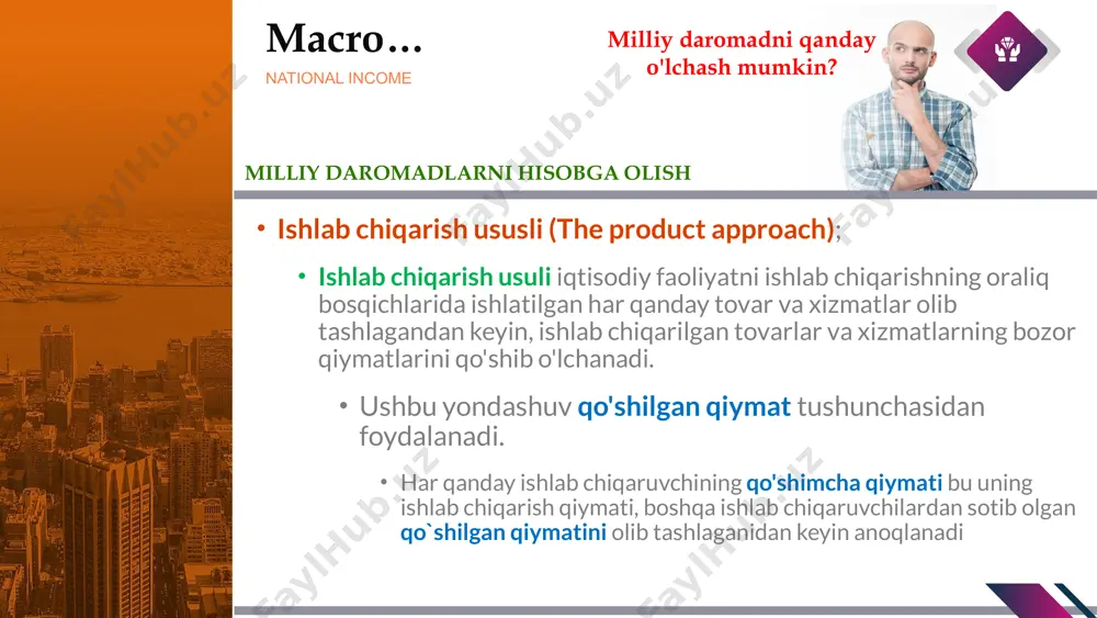 rni qo'shib, yaimni hisoblab chiqiladi. milliy daromad - bu sakkiz turdagi daromadlarning yig'indisi: yalpi ichki mahsulot (yaim) national income macro… daromad usuli yaimni hisoblashda daromad usuli: milliy daromad - bu sakkiz turdagi daromadlarning yig'indisi: xodimlarning ish haqi - bu ishchilarning daromadlari (yakka tartibdagi ishchilar bundan mustasno) va unga ish haqi, ishchilar uchun nafaqalar kiradi. mulkdorlarning daromadi - bu yakka tartibdagi ish bilan band bo'lganlarning daromadlari (ham mehnat daromadi, ham kapital daromadi). jismoniy shaxslarning ijara daromadi - bu yerga yoki inshootlarga ega bo'lgan shaxslar tomonidan boshqalarga ijaraga beriladigan daromaddir. korporativ foyda - bu korporatsiyalar tomonidan olingan foyda va ish haqi, foizlar, ijara haqi va boshqa xarajatlar to'langandan keyin korporativ daromadning qolgan qismini anglatadi. yalpi ichki mahsulot (yaim) national income macro… daromad usuli yaimni hisoblashda daromad usuli: milliy daromad - bu sakkiz turdagi daromadlarning yig'indisi: sof foiz daromadlar - bu jismoniy shaxslar tomonidan to'lanadigan foizlarni olib tashlagan holda jismoniy shaxslar tomonidan korxonalar …