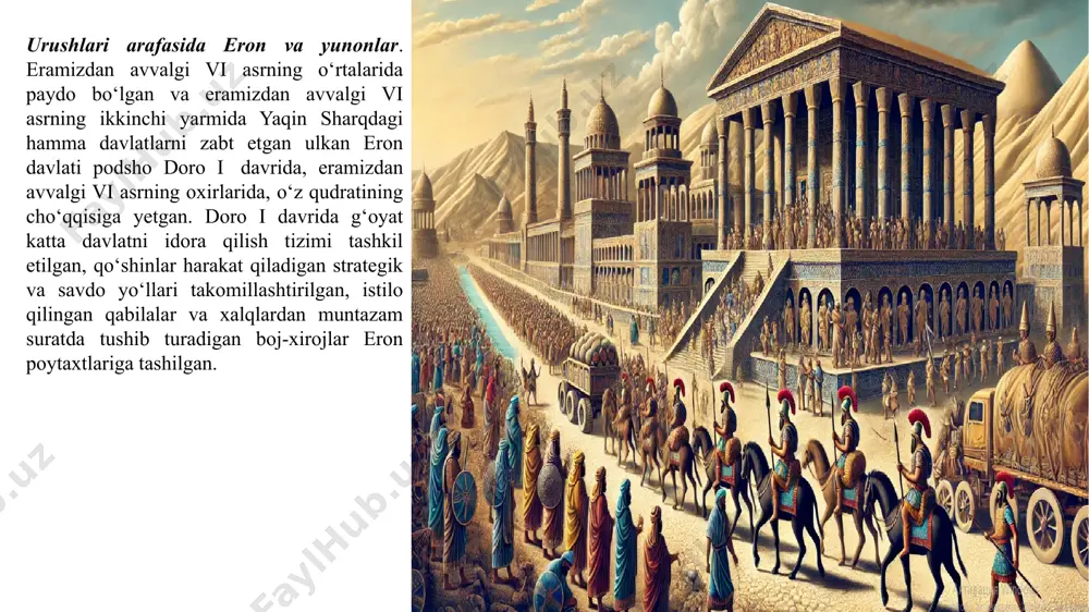 avvalgi 513-yilda frakiya orqali shimoliy qora dengiz bo‘ylariga skiflarga qarshi yurish boshlagan. juda xilma-xil qabilalardan tuzilgan doro i armiyasi sostavida kichik osiyo yunonlarining harbiy bo‘linmalari hamda gellespont va qora dengizning yevropa qirg‘og‘idagi forslarga qaram bo‘lgan yunon shaharlaridan tuzilgan otryadlar ham bo‘lgan. eron armiyasi sostavida injener- sapyor qismlari bo‘lib, ularda tajribali yunon muhandislari xizmat qilgan. ularning yordami bilan bosvor orqali va dunay daryosi orqali ponton ko‘priklar qurilgan. shimoliy qora dengiz bo‘ylarining tabiiy sharoitlari to‘g‘risida aniq ma’lumotlarga ega bo‘lmagan doro i qo‘shinlari skiflarning asosiy kuchlarini tor-mor qilishga intilib, ehtiyotsizlik bilan qora dengiz bo‘ylaridagi suvsiz cho‘l-biyobonlarning ichkarisiga kirib ketganlar. ko‘chmanchi skiflar forslarning bosqiniga qarshi kurashda eng maqsadga muvofiq taktika tanlaganlar. ular qat’iy jangdan bosh tortib, eron armiyasi bosib kelayotgan yo‘llardagi quduqlarni va oziq-ovqat mahsulotlarini yo‘q qilganlar, forslarning o‘z asosiy kuchlaridan ajralib qolgan kichik-kichik otryadlarini qirib tashlaganlar va shunday chora-tadbirlar bilan eron armiyasini zaiflashtirib, izdan chiqarganlar. doro i bir qancha muvaffaqiyatsizliklarga uchragandan keyin natijasiz …