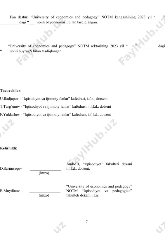 va butun dunyoviy moliyaviy tashkilotlar. turli davlat hukumatlari moliyaviy siyosatini muvofiqlashtirishning zarurligi. xalqaro hisob-kitoblar banki. banklarning turlari. universal banklar va tijorat banklari. ixtisoslashtirilgan banklar. depozit-jamg‘arma tashkilotlari. jamg‘arma banklari, ssuda-jamg‘arma assotsiatsiyalari va kredit uyushmalari. sug‘urta kompaniyalari. ularning asosiy funksiyalari. sug‘urta polislari. sug‘urta turlari. sug‘urta mukofotlari. pensiya fondlari. moliyaviy bozorlar. zamonaviy moliyaviy bozorning eng umumiy ko‘rinishlari: pul bozori, kapital bozori, fond bozori, valyuta bozori. moliyaviy bozorda moliyaviy aktivlarning sotilishi va sotib olinishi. moliyaviy aktivlarning asosiy turlari: qarz majburiyatlari, aksiyalar, hosilaviy qimmatli qog‘ozlar. davlat qimmat qog‘ozlarini fond bozorida joylashuvi. 4-mavzu. moliyaviy hisobot: mazmuni, funksiyalari va uning turlari moliyaviy hisobotning mazmuni. moliyaviy hisobot funksiyalari. moliyaviy hisobot turlari: balans, moliyaviy natijalar to‘g‘risida hisobot, pul oqimlari to‘g‘risida hisobot. moliyaviy hisobotga tushuntirish. bozor va balans bahosi o‘rtasidagi farq. aksiyalarning bozor qiymatining va ularning balans qiymatiga mos kelmasligining asosiy sabablari. aksiyadorlik kapitali daromadliligi normasi yoki koeffitsiyenti. 5-mavzu. moliyaviy risklar riskning mazmun-mohiyati. riskni boshqarish. riskka moyillik. risk va moliyaviy …