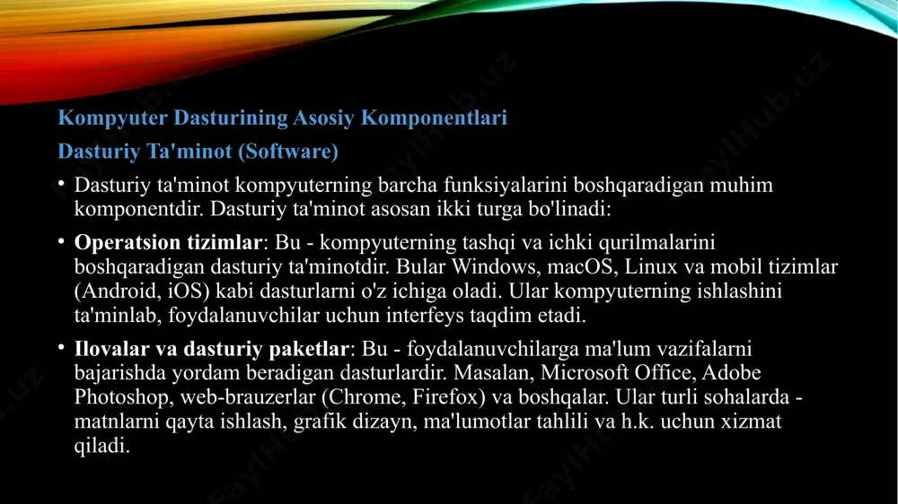 gan va quyidagi xususiyatlarga ega: foydalanish qulayligi: mobil ilovalar tez va foydali interfeysga ega bo'lib, foydalanuvchilar uchun intuitiv bo'lishi kerak. stiklochen ustida ishlash: mobil qurilmalarning sensor ekranlari va boshqa funksional imkoniyatlaridan foydalanadi. internetga ulanish: ko'p mobil ilovalar onlayn xizmatlardan foydalanishni talab qiladi, bu esa ularni faol ravishda yangilash imkonini beradi. komponentlar o'rtasidagi bog'liqlik: har bir komponentning o'z vazifalari bor, lekin ularning o'zaro aloqasi dasturiy ta'minotning samaradorligini belgilaydi. dasturiy ta'minot foydalanuvchi interfeysi orqali ma'lumotlar bazasiga kirish imkonini beradi, bu esa foydalanuvchilarga qulaylik yaratadi. dastur turlari: kompyuter dasturlari turli xil maqsadlarda ishlab chiqilgan. ma'lumotlarni qayta ishlash dasturlari analitik vazifalarni bajaradi, o'yin dasturlari ko'ngilochar tajribalar taqdim etadi, veb-dasturlar internet orqali xizmat ko'rsatadi, mobil ilovalar esa mobil qurilmalarda qulaylik yaratadi. kelajakdagi yo'nalishlar: kompyuter dasturlari va texnologiyalari doimiy ravishda rivojlanmoqda. sun'iy intellekt, mashinani o'rganish, bulutli hisoblash va iot (internet of things) kabi yangi texnologiyalar dasturiy ta'minotning kelajagini belgilaydi. ushbu yo'nalishlar dasturiy ta'minotning samaradorligini oshirish va …
