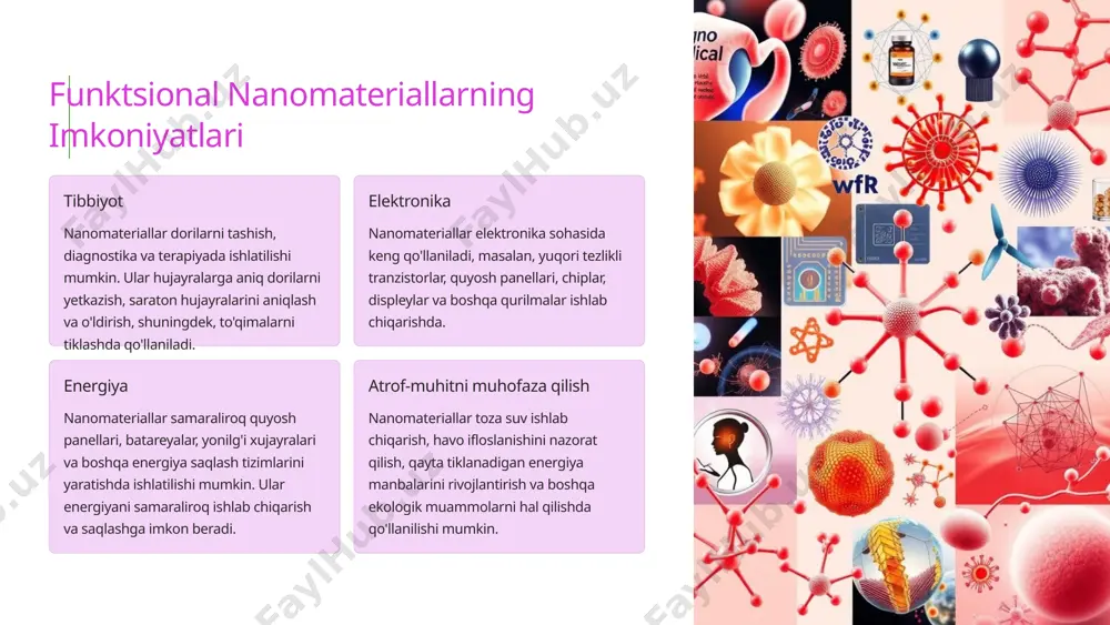 iagnostika qilish va yangi davolash usullarini ishlab chiqishga yordam beradi. biroq, nanomateriallarni qo'llash xavfsizligi va samaradorligini ta'minlash uchun ko'proq tadqiqotlar va tartibga solish talab etiladi. 7 nanomateriallarning biotibbiyotdagi asosiy qo'llanilishi dori yetkazib berish nanomateriallar dorilarni maqsadli hujayralarga yetkazib berish uchun samarali vosita bo'lib xizmat qiladi. ular dorilarni uzoqroq vaqt davomida saqlab qolishga va tanadagi nojo'ya ta'sirlarni kamaytirishga yordam beradi. diagnostika nanomateriallar aniq va tez diagnostika uchun ishlatilishi mumkin. masalan, ular saraton hujayralarini erta bosqichda aniqlash uchun ishlatilishi mumkin to'qimalarni muhandislik nanomateriallar yangi to'qimalarni yaratishda va shikastlangan to'qimalarni tiklashda muhim rol o'ynashi mumkin. ular yangi to'qima hosil bo'lishini rag'batlantiruvchi shkala sifatida ishlatilishi mumkin. terapevtik nanomateriallar boshqa terapevtik maqsadlar uchun ham ishlatilishi mumkin, masalan, infektsiyalarni davolash, yallig'lanishni kamaytirish va genetik kasalliklarni davolash. 8 dori vositalarining istiqbolli tashuvchilari: a - xitozan; b - magnetit; c - nanotubalar; g - fullerenlar; d - lipozomalar; e - dendrimerlar; g - kremniy noorganik kimyo nanomateriallar, ya'ni …