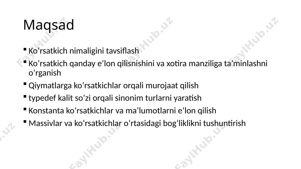 ference operator) nomlari bilan ham ma’lum. koʻrsatkich qayta havola qilinganda (dereferenced), koʻrsatkichga manzilda saqlanayotgan qiymat olinadi. koʻrsatkichlar bilan ishlashda quyidagilar ahamiyatlidir: c++ yulduzchadan (*) uch turli holatlarda foydalaniladi: koʻpaytirish operatori sifatida; koʻrsatkich oʻzgaruvchisini e’lon qilishda: int* pcount=&count; qayta havola qilinuvchi operator(dereference operator) sifatida: (*pcount)++; xavotirlanmang. kompilyatorning oʻzi yulduzcha operatorining nima maqsadda ishlatilishini aniqlab oladi. yuldizcha ( * ) operatori koʻrsatkichlar int yoki double kabi turlarda e’lon qilinadi. oʻzgaruvchi manziliga koʻrsatkich qaysi turda e’lon qilinsa, aynan shu turda qiymat ta’minlash lozim. masalan quyidagi kod xatolik beradi: int area=1; double* parea=&area; //xato siz bir turdagi bir koʻrsatkichni boshqa koʻrsatkichga ta’minlay olasiz, ammo koʻrsatkichni koʻrsatkich boʻlmagan oʻzgaruvchiga ta’minlay olmaysiz: int area=1; double* parea=&area; int i=parea; //xato yuldizcha ( * ) operatori koʻrsatkichlar bu oʻzgaruvchilar. shuning uchun oʻzgaruvchilarni nomlash konvensiyasi koʻrsatkichlarga ham qoʻllaniladi. farqli jihati shundaki, koʻrsatkichlarni nomlashda p harfini qoʻyib ketamiz, pcount va parea singari. typedef kalit soʻzi typedef kalit soʻzi yordamida sinonim …