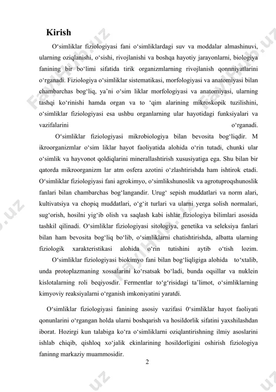 fermentlar toʻgʻrisidagi ta’limot, o‘simliklarning kimyoviy reaksiyalarni o‘rganish imkoniyatini yaratdi. oʻsimliklar fiziologiyasi fanining asosiy vazifasi 0‘simliklar hayot faoliyati qonunlarini o‘rgangan holda ularni boshqarish va hosildorlik sifatini yaxshilashdan iborat. hozirgi kun talabiga ko‘ra o‘simliklarni oziqlantirishning ilmiy asoslarini ishlab chiqib, qishloq xo‘jalik ekinlarining hosildorligini oshirish fiziologiya faninng markaziy muammosidir. respublikamiz prezidenti i.a.karimov ta’kidlaganlaridek, don mustaqilligiga erishish uchun hosildorlikni oshirish va yangi navlarni, ya’ni qattiq bug‘doyning tarkibida kleykovina ko‘p bo‘lgan navlarini ko‘paytirish zarur bo‘ladi. buning uchun mineral va organik o‘g‘itlardan kerakli miqdorda foydalanish, begona o‘tlar va kasalliklarga qarshi kurash hamda tegishli preparatlarni ishlatish kerak. fiziologiya fani yutuqlarini qo‘llagan holda serhosil, qurg‘oqchilikka va sovuqqa chidamli yangi navlar yaratish, ular tarkibidagi oqsillar, yog‘lar, uglevodlar va vitaminlar miqdorini ko‘paytirishga erishish zarur. oʻsim liklar fiziologiyasi biokimyo fani bilan bog‘liqligiga alohida to‘xtalib, unda protoplazmaning xossalarini ko‘rsatsak bo‘ladi, bunda oqsillar va nuklein kislotalarning roli beqiyosdir. fermentlar to‘g‘risid agi ta ’limot, o‘sim liklarning kimyoviy reaksiyalarni o‘rganish imkoniyatini yaratdi. oʻsimliklar fiziologiyasi mikrobiologiya …