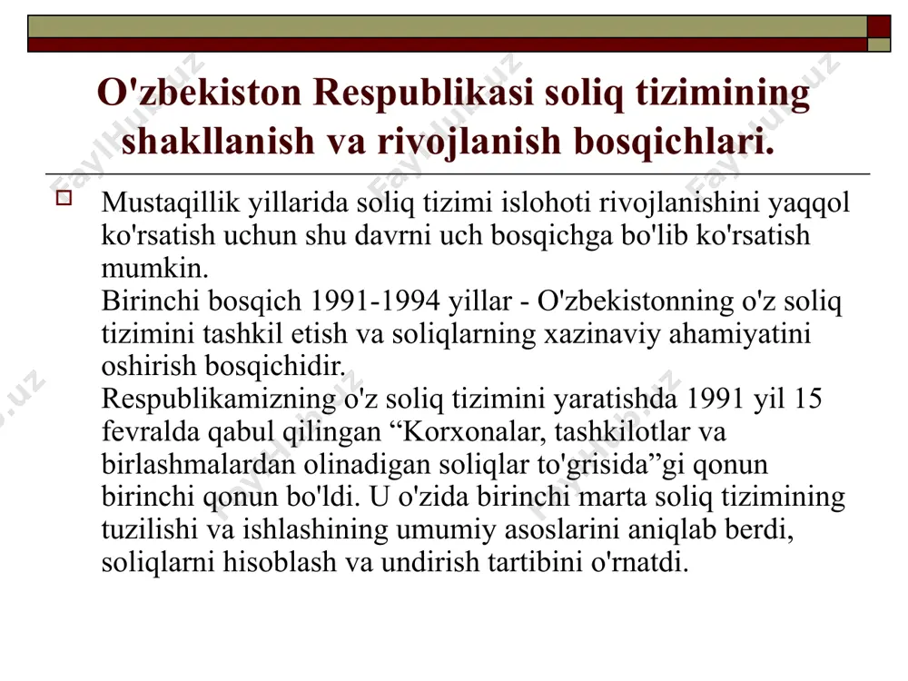 ma soligi, avtotransport vositalarni olib sotganlik uchun soliq, ularning egalariga solinadigan soliq-jami 19 turdagi har xil soliqlar va yigimlar mahalliy soliqlar guruhiga kiritildi. 1993 yilning 7 mayida «korxonalar, birlashmalar va takshkilotlardan olinadigan soliqlar to'grisida»gi qonunga qo'shimchalar kiritildi. soliq islohotlarining ikkinchi bosqichi soliqlarni bozor iqtisodi talablariga moslashtirish va korxonalarning ishlab chiqarishni rag`batlantirishga qaratish davridir. bu davrga 1995 —1997 yillar to'gri keladi. bu davrda soliqlar ishlab-chiqarish samarodorligini oshirishga ta'sirini kuchaytirishga bagishlandi. ularga soliqlardan xilma-xil imtiyozlar berildi. ayniqsa yuridik shaxslarning foydaga (daromad) solig`idan imtiyozlar ko'p edi, 1995 yildan boshlab korxonalar har bir foiz maxsulot ishlab chiqarish hajmini ko'paytirgani uchun 0,3 %dan foydaga soliq stavkasi kamaytirildi. xalq xo'jaligini iqtisodiy jihatdan barqarorlashtirish va tuzilmaviy jihatdan qayta qurish soliq tizimini isloh qilishni talab etdi va ko'plab korxonalar va tashkilotlarning foyda soligini daromad soligi to'lashga o'tishi amalga oshirildi. uning o'rtacha stavkasi 37 foiz etib belgilandi. soliq to'lovchilar uchun imtiyozlar ko'zda tutildi. 1995 yildan boshlab soliq tizimini birxillashtirish …