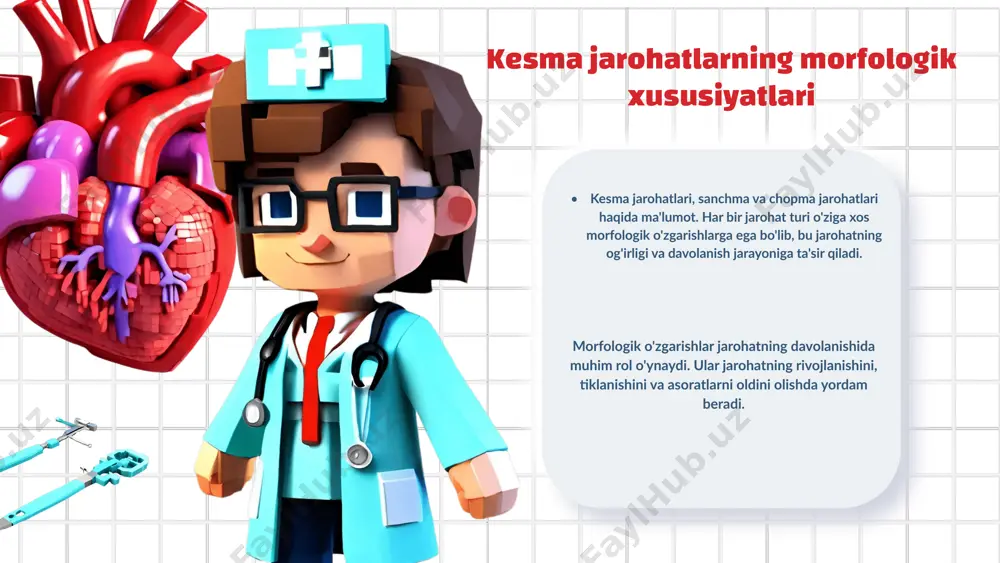 uhim rol o'ynaydi. chopma jarohatlarning morfologik o'ziga xosliklari ta'rifi, turlari va davolanish jarayonida ko'rsatadigan o'ziga xos xususiyatlarga ega. ularning davolanish jarayoni, shuningdek, kesma jarohatlarning tiklanish jarayonida muhim ahamiyatga ega. umuman olganda, morfologik xususiyatlar tiklanish jarayonida juda muhimdir. har bir jarohat turi uchun davolanish usullari farq qiladi, bu esa jarohatlarning to'g'ri davolanmasini ta'minlaydi. foydalanilgan adabiyotlar 1. akhmedov b. a. kesma jarohatlarning morfologik xususiyatlari. tibbiyot gazetasi, 2021 2. sodikova d. o. chopma jarohatlarning morfologik o'ziga xosligi. o'zbekiston tibbiyot jurnali, 2022 3. toshkent m. o. kesma jarohatlarda tiklanish jarayoni. xalqaro tibbiyot konferensiyasi, 2023 4. isroilov r. s. chopma jarohatlar va ularning davolanish jarayonidagi morfologik xususiyatlar. tibbiyot va innovatsiyalar, 2020 5. jalilov m. x. tiklanish jarayonining muhim omillari. o'zbekiston tibbiyot akad. ilmiy jurnali, 2022 e'tiboringiz uchun rahmat! image2.png image3.png image4.png image5.png image1.png image6.png image7.png image8.png image9.png image10.png image12.png image15.png image18.png image19.png