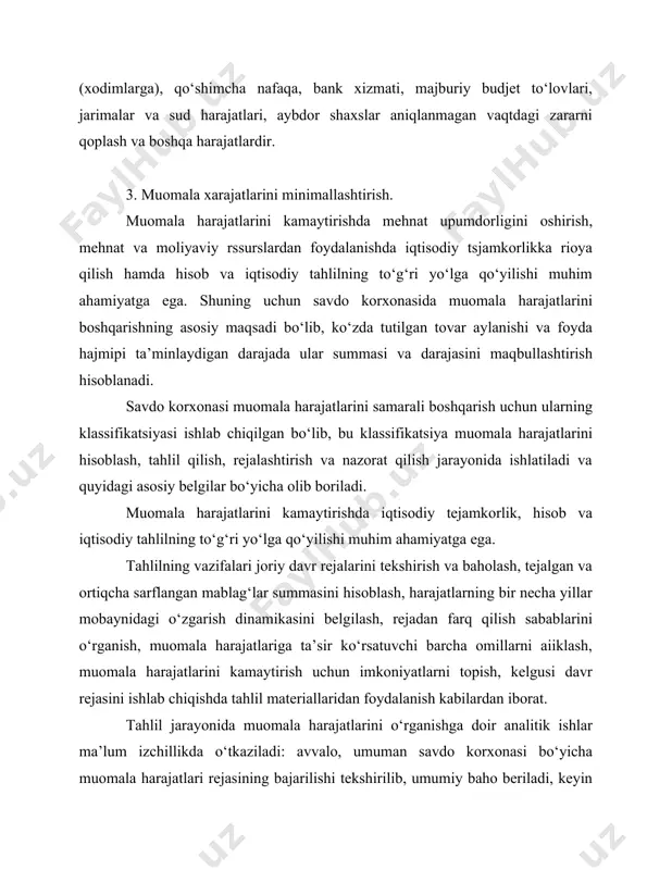 ish uchun harajatlarni har bir moddasi bo‘yicha tahlil qilishga o‘tiladi. tahlilda muomala harajatlari mutlaq summasining o‘zgarishiga ta’sir ko‘rsatuvchi omillar ham aniqlab olinadi. bu omillarni umumiy qilib ikki yirik omilga bo‘lish mumkin: tovar aylanishi hajmining o‘zgarishi va muomala harajatlari o‘rtacha darajasining o‘zgarishi. tovar aylanishi hajmi o‘zgarishining muomala harajatlari summasiga ta’sirini aniqlash uchun hisobot davridagi tovar aylanishi hajmini rejadagidan farqini rejadagi muomala harajatlarining o‘rtacha darajasiga ko‘paytirib yuzga bo‘linadi. muomala harajatlari o‘rtacha darajasining o‘zgarishini muomala harajatlari summasining o‘zgarishiga ta’sirini aniqlash uchun hisobot davridagi muomala harajatlarining o‘rtacha darajasi farqini hisobot davridagi tovar aylanishi hajmiga ko‘paytirib, yuzga bo‘linadi. yuqorida aytilgan omillardan tashqari muomala harajatlari darajasiga quyidagi omillar ham ta’sir ko‘rsatadi. tovar ishlab chiqarish bilan bog‘liq bo‘lgan omillar.(ya’ni tovar sifati va talabga mosligi). tovar narxi o‘zgarishining tovar aylanishiga ta’siri omili. tovarlarni transportga ortish-tushirish bilan bog‘liq bo‘lgan omillar. tovarlarni markazlashtirilgan tartibda, konteynerlardan foydalangan holda yetkazib berish ular bilan bog‘liq harajatlarni ancha kamaytiradi. savdo jarayoni bilai bog‘liq bo‘lgan …