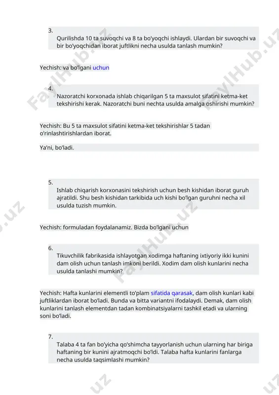 qo’shimcha tayyorlanish uchun ularning har biriga haftaning bir kunini ajratmoqchi bo’ldi. talaba hafta kunlarini fanlarga necha usulda taqsimlashi mumkin? yechish: talabani i-iv fanlari uchun haftaning tanlagan kunlarini ta elementli to’plam, hafta kunlarini esa elementlidan iborat to’plam sifatida qaraymiz. bu holda bo’lib, uni hosil etish elementlidan tadan o’rinlashtirishlarga mos keladi, chunki bu holda elementlarning joylashishi tartibi ham ahamiyatga ega. masalan, taqsimotda birinchi fanga dushanba (2), ikkinchi fanga chorshanba (4), uchinchi fanga juma (6) va to’rtinchi fanga shanba (7) kunlari ajratilgan bo’ladi. unda kabilar turlicha taqsimotlarni ifodalaydi. demak, talaba fanlarga hafta kunlarini usulda tanlashi mumkin. 8. xorijiy tillar fakulteti ingliz tili yo’nalishining birinchi kursida 10 ta fan o’qitiladi va har kuni 4 xil dars o’tiladi. kunlik dars necha usul bilan taqsimlab qo’yilishi mumkin? yechish: darslarning barcha mumkin bo’lgan kunlik taqsimoti o’n elementdan to’rttadan olib tuzish mumkin bo’lgan barcha o’rinlashtirishlardan iborat. uni formuladan foydalanib topamiz. bizda bo’lgani uchun 9. butun sonlarning har biri …