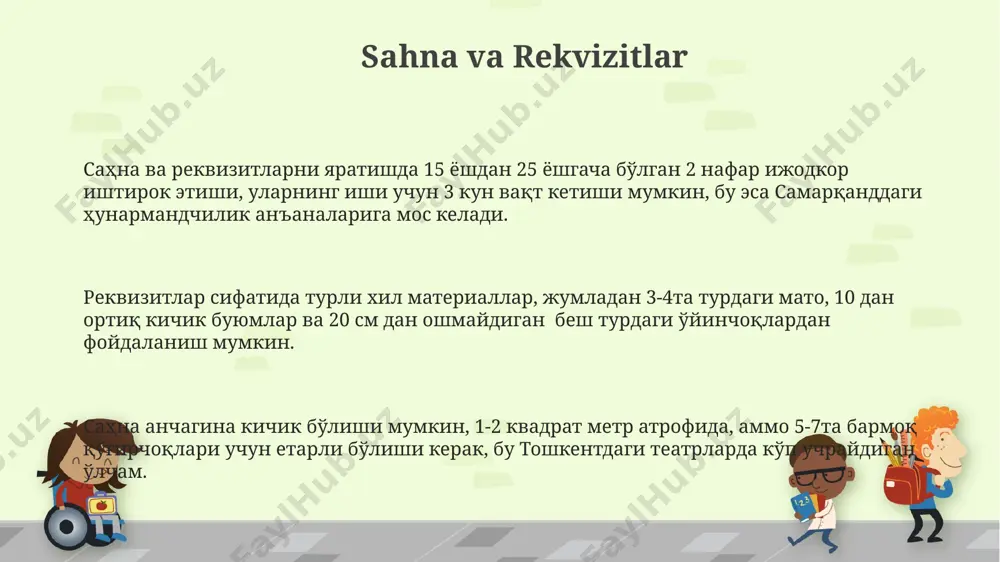 ljallangan bo'lib, toshkent shahridagi 3 ta markazda o'tkaziladi va 10 ta interaktiv mashg'ulotni o'z ichiga oladi. kurs yakunida ishtirokchilar 15 daqiqalik mini- spektakl tayyorlab, uni namangan viloyatidagi bolalar teatrida namoyish etishlari mumkin. darslarda 20 dan ortiq turli xil qo'g'irchoqlar va 5 ta sahna jihozlari ishlatilib, bolalarga 3 ta turli janrdagi hikoya tuzish usullari o'rgatiladi. e'tiboringiz uchun rahmat @taqdimot_robot image1.png