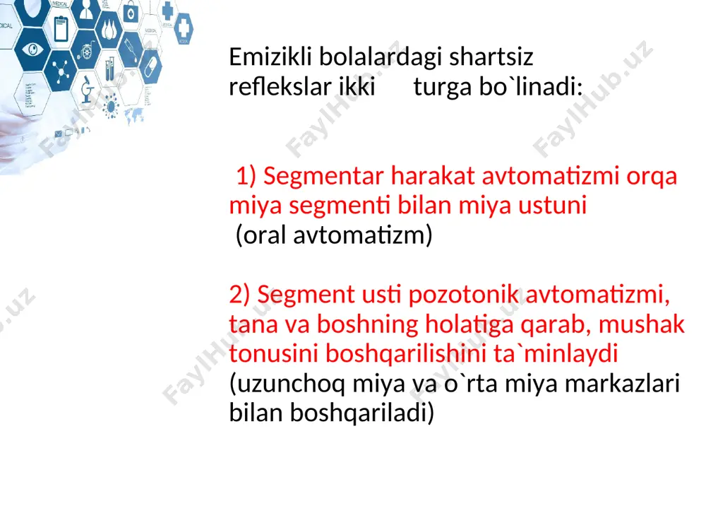 ni avtomatik yurishi). mazkur reflekslar 1,5 oygacha davom etadi va keyinchalik yo‘qoladi, o‘rnini fiziologik astaziya-abaziya egalaydi. bauerning emaklash refleksi agar ikki oyoq kaftiga barmoqni qo‘yib turilsa, bola reflektor holda oyog‘ini oldinga siljita boshlaydi va surilish tezlashadi 3-4 kunga borib siljish harakati ancha rivojlana boradi va 4 oylik bo‘lguncha bu refleks saqlanib, keyin yo‘qoladi. asfiksiya, miyaga qon quyilishi va orqa miyasi lat yegan bolalarda bu refleks chaqirilmaydi. agar markaziy nerv tizimi kasalligi bo‘lsa siljish refleksi 6-12 oygacha saqlanib qoladi. ushlab oluvchi refleks yangi tug‘ilgan chaqaloqni kaftiga qo‘l yoki biror narsa tekizilsa va biroz bosilsa, chaqaloq mahkam ushlab oladi,uni qo‘yib yubormaydi, xatto uni shu holda yuqoriga ko‘tarsa ham bo‘ladi. (robinzon refleksi). bu refleks 3-4 oygacha saqlanadi, agar u keyin ham saqlanib qolsa, nerv tizimining zararlanganligidan darak beradi. galant refleksi yangi tug‘ilgan chaqaloqni umurtqa pog‘onasi atrofidagi terisi uzunasiga ta’sirlansa yoki qitiqlansa u holda chaqaloq ta’sirot tomonga yoy shaklida bukiladi. bu refleks 5-6 kunlik …