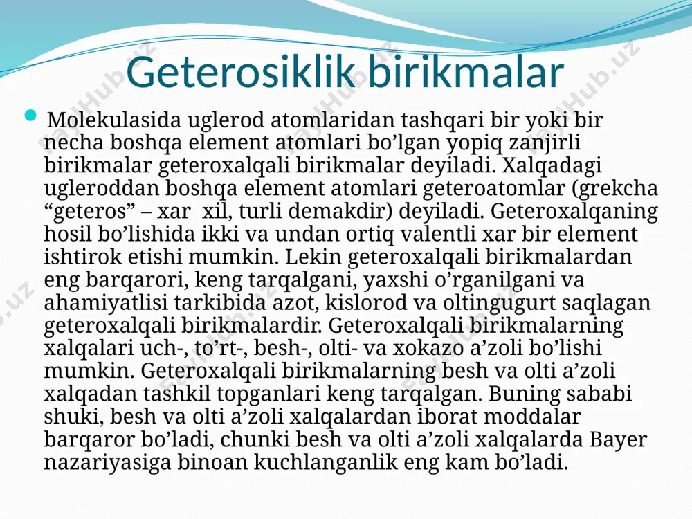 geteroxalqa bir-biri bilan uzviy boglangan. rus kimyogari yu.k.yuryev pirrol, furan va tiofen oson bir-biriga 6 aylanishini ko’rsatadi, buning uchun bu moddalarni suv, vodorod sulfid yoki ammiyak bilan 400–450 0c da katalizator al2o3 ishtirokida qizdirish lozim: bu birikmalarning elektor tuzilishi va aromatik xossasi yuqorida ko’rib o’tilgan edi. furan, tiofen va pirrollarning taqsimlanish (delokallanish) energiyasi (de) xar hil bo’lib, u furan uchun 67,2 kdj/mol, tiofen uchun 117,6 kdj/mol va, nihoyat, pirrol uchun 88,2 kdj/mol qiymatga teng. h2o h2s nh3 h2o nh3 h2s n н o s pirrol furan pirrol besh a’zoli bir geteroatomli geteroxalqalar ichida pirrol eng katta ahamiyatga ega. u yog’sizlantirilgan suyaklarni quruq xaydash bilan hosil qilinadi. pirrol, shuningdek, suyak moyidan ham ajratib olinishi mumkin. sanoatda pirrol yuryev usuli bilan furanga ammiak ta’sir ettirish bilan olinadi. pirrol – 130 0c da qaynaydigan, suvda erimaydigan rangsiz suyuqlik, xavoda qo’ng’ir tusga kiradi (oksidlanadi). pirrolning hidi xloroform hidini eslatadi. pirrol bir vaqtning o’zida ham …