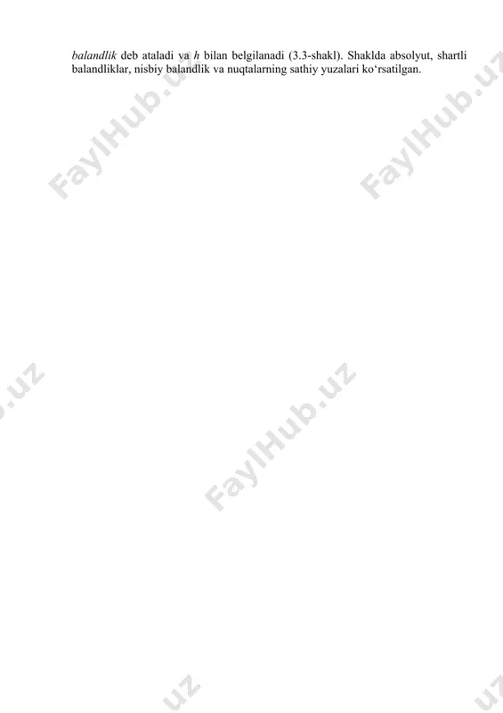 niqlash uchun nuqtaning ellipsoiddan balandligini ham bilish kerak. geodezik ishlarda nuqtaning balandligini aniqlashda hisob yuritiladigan bosh yuza sifatida geoid yuzasi bo‘lmish sathiy yuza qabul qilinadi. nuqtaning dengiz yuzasidan bo‘lgan balandligi absolyut balandlik deyilib n harfi bilan belgilanadi. n ning qiymati son bilan ifodalansa, u absolyut otmetka deb ataladi. bu son nuqta o‘rnini aniqlashda uchinchi koordinata bo‘ladi. 3.3-shakl. hisob yuritiladigan sathiy yuza sifatida baltika dengizidagi kronshtat orolining gidrometrik posti futoshtogi (reyka) dagi suvning o‘rtacha balandligini ko‘rsatuvchi nol belgisi qabul qilinadi. nuqtaning absolyut balandligi (otmetkasi) n hamisha ham ma’lum bo‘lavermaydi. bunday holda amaliy ishlani bajarish uchun bir nuqta balandligi ixtiyoriy olinadi, olingan bu balandlik shartli balandlik deyiladi. bir nuqtaning ikkinchi nuqtaga nisbatan bo‘lgan balandligi nisbiy balandlik deb ataladi va h bilan belgilanadi (3.3-shakl). shaklda absolyut, shartli balandliklar, nisbiy balandlik va nuqtalarning sathiy yuzalari ko‘rsatilgan. image1.png image2.png image3.jpeg