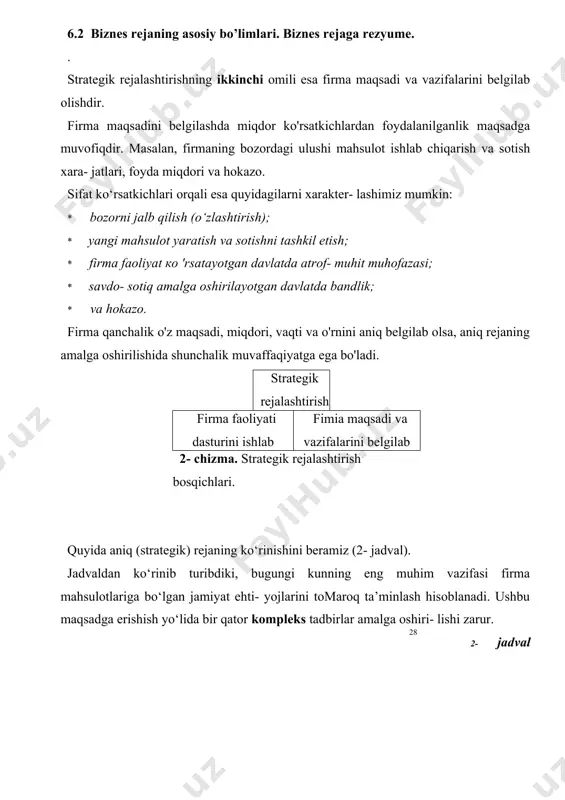 tadi, shuning uchun firma biz- ncs rejasida qo‘shimcha moliyalashtirishga ham imkon beri- shimiz mumkin. 3-jadval ()‘zbekistonda bozor iqtisodiyotiga o'tish bosqichida strategik rejalashtirishning taxminiy ko’rinishi firmaning faoliyat dasturi 1 .mamlakatda iqtisodiyotning barqarorlashuvi bosqichida muvaffaqiyatli faoliyat ko'rsatish. firmaning maqsadi 1. lchki va tashqi iqtisodiy sharoitlar o‘zga- rishiga iloji boricha tezroq moslashish. 2. jamoa mutaxassislari va rahbarlarini iloji boricha optimal holatda saqlab qolish. 3. ko‘zlangan bozorda va tarmoqda firmani moliyaviy va material holatini saqlab qolish. firmaning strategiya- si 1. davlat budjeti hisobidan qo'llab-quvatlana- digan dasturlarni iloji boricha ko‘proq ishtirok etishini ta’minlash. 2. doimiy ravishda buyurtmachilar qidirib borish. 3. talabni tahlil etish, yangi turdagi mahsulotlar ishlab chiqarishni tashkil etish. 4. firmani barcha tovar va xizmatlariga samarali reklamani tashkil etish. 5. chet ellikxaridorlar (buyurtmachilar) qidirib topish borasida doimiy ishlar olib borish. 6. aktiv tijorat faoliyati olib borish. 7. firma ishlab chiqarayotgan tovarlari (xizmatlari) muomala xarajatlarini va yondash- ma xarajatlarni kamaytirish. har qanday investorga asosiy rolni …