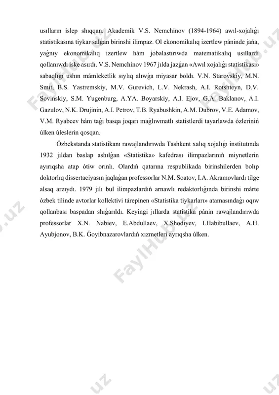 lıwmatlar toplaw, qayta islew hám olardı saqlaw statistika organlarına júkletilgen. statistikalıq jumıslardı shólkemlestiriwdi jaqsılaw hám onıń maǵlıwmatlardan paydalanıw nátiyjeliligin joqarlatıw másetinde tiyisli normativ- hújjetler qabıllanǵan. ózbekstan respublikasınıń 2002-jıl 12-dekabrdegi «mámleket statistikı haqqında»ǵı (jańa redakciyadaǵı) nızamı, ózbekstan respublikası prezidentiniń 2017-jıl 31-iyuldaǵı «ózbekstan respublikası mámleketlik statistika komiteti iskerligin jetilistiriw is-ilájları haqqında»ǵı pq-3165 sanlı qararı, ózbekstan respublikası prezidentiniń 2019-jıl 9-apreldegi «mámleket basqarıwınıń ashıqlıǵı hám ápuayılıǵın támiynlew hámde mámlekettiń statistikalıq potencialın joqarlatıw boyınsha qosımsha is-ilájlar haqqında»ǵı pq-4273 sanlı qararı hám ózbekstan respublikası minstrler kabinetiniń 2017-jıl 2 sentyabrdegi «ózbekstan respublikası mámleketlik statistika komiteti haqqındaǵı nızamdı tastıyqlaw haqqında»ǵı 690-sanlı qararı qabıllandı. bul normativ-hújjetlerge muwapıq mámleketlik statistika komitetiniń tiykarǵı wazıypaları tómendegilerden ibarat:  mámleketlik statistika salasında birden-bir siyasattı islep shıǵıw hám ámelge asırıw, statistikanı shólkemlestiriwdiń nátiyjeli sistemasın támiynlew;  mámleketlik statistika tarawında muwapıqlastırıw hám funkcional tártibke salıwdı ámelge asırıw;  хalıqaralıq standartlarǵa sáykes birden-bir statistikalıq metodologiya hám mámleketlik statistikalıq baqlaw formaların islep shıǵıw, tastıyqlaw hám ámeliyatqa engiziw; …