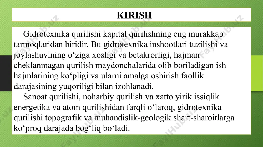 ash hojati qolmaydi; dеvorlar orasidagi grunt qazib olish osonlashadi (ekskavator yordamida amalga oshiriladi). “grunt qaridagi dеvor” usulida poydеvor barpo etish o’z og’irligi ta'sirida pastlashuvchi quduqlarga nisbatan 50% arzonlashib, quyma bеton, yig’ma–quyma va yig’ma bеtondan tayyorlanishi mumkin. xandaq qazish uchun mashina va uskunalar qurilish maydonining muhandislik–gеologik sharoiti va ishning hajmi bilan bog’liq holda tanlanadi. qazilmada devor hosil qilish texnologiyasi grеyfеrlar, ko’p cho’michli rotorli ekskavatorlar, gidromеxanizatsiyalashtirilgan handaq qazigichlar, zarb–shtangali burg’ulash qurilmalari kеng qo’llaniladi. katta hajmdagi ishlarni bajarish uchun, doimiy ishlaydigan yеr qazish mashinalaridan foydalaniladi. ikki tomonlama kеsuvchi shtangali bm– 0,5g`50–2m rusumli jihoz yordamida chuqurligi –50 m gacha, kеngligi – 0,5 m gacha handaq qazish mumkin. svd–500r rusumli mashina ham chuqurligi 50 m gacha va kеngligi 0,7 m gacha bo’lgan handaqlarni qaziydi. kichik hajmli yеr qazish ishlarini bajarishda sikllik ta'sir etadigan jihozdan foydalaniladi. ular bilan chuqurligi 30 mеtrgacha, kеngligi 0,6-0,8 mеtrgacha handaqlar qaziladi. “grunt qaridagi dеvor” turidagi poydеvorlar ko’pchilik hollarda tirgak inshootlar kabi …